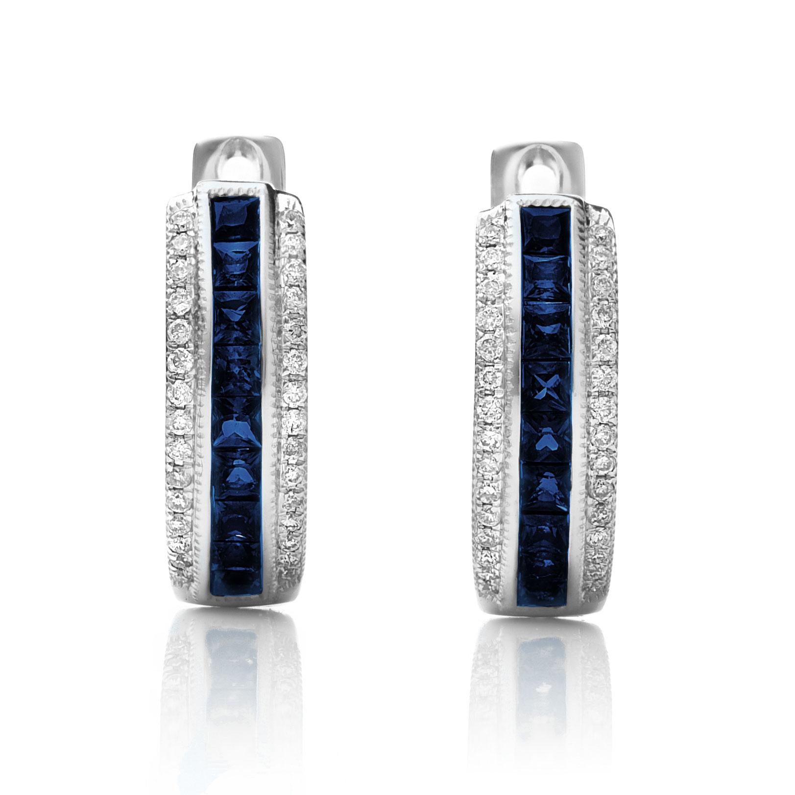 Découvrez le charme raffiné de ces boucles d'oreilles en saphir bleu naturel, d'un poids total de 0,63 carat et serties dans de l'or blanc 14 carats. Agrémentées de 0,17 carats de diamants rayonnants, ces boucles d'oreilles allient l'élégance