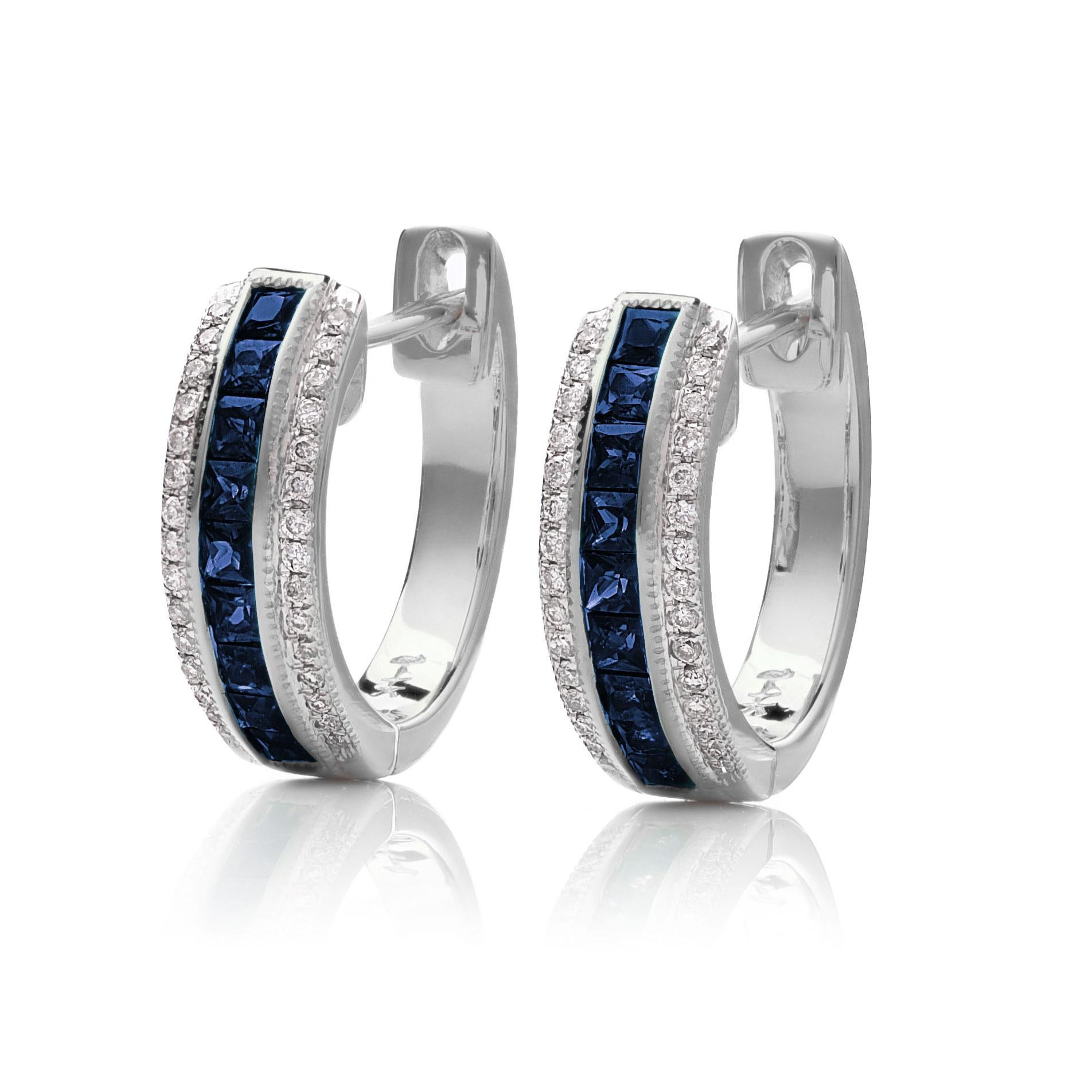Taille princesse Boucles d'oreilles en or blanc 14 carats avec saphirs bleus naturels de 0,63 carat en vente
