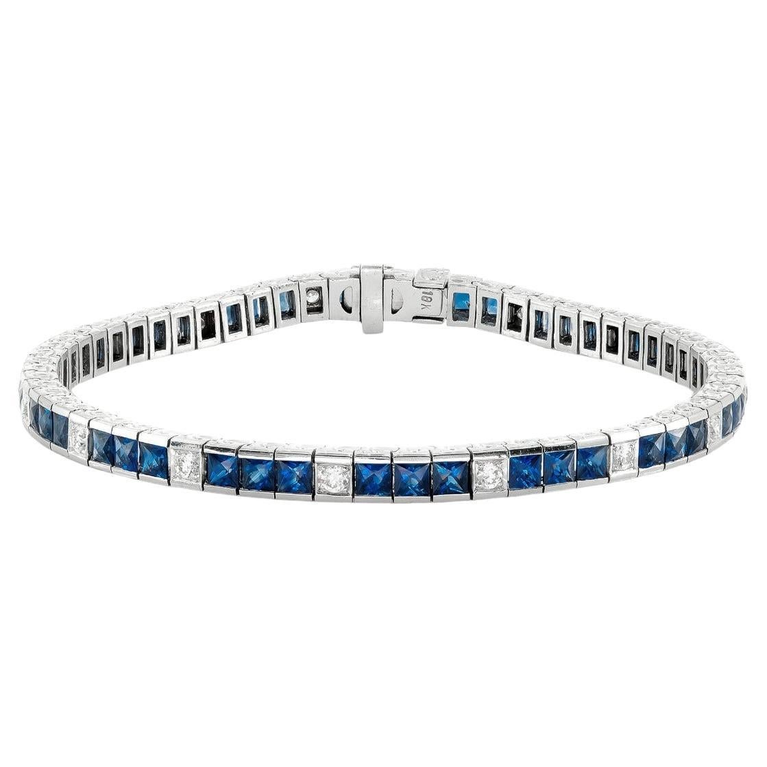 Natural Blue Sapphire Stones 7.52 carats in 18K White Gold Bracelet w Diamonds