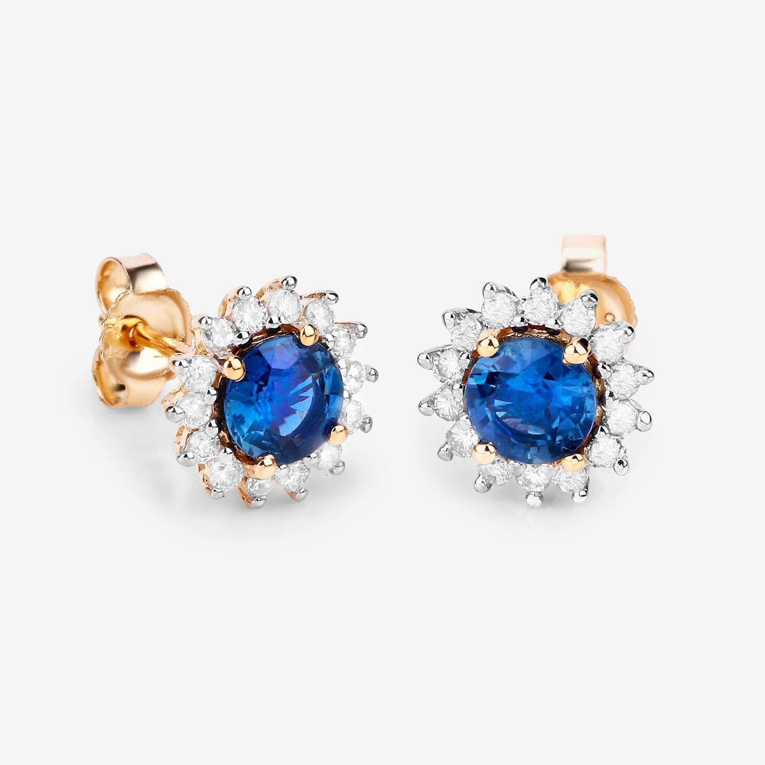 Natural Blue Sapphire Stud Earrings Diamond Halo 1.6 Carats 14K Yellow Gold In Excellent Condition For Sale In Laguna Niguel, CA
