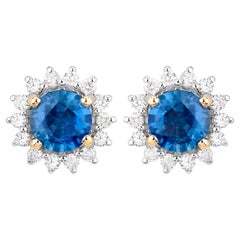 Clous d'oreilles en or jaune 14 carats avec saphir bleu naturel et halo de diamants 1,6 carat