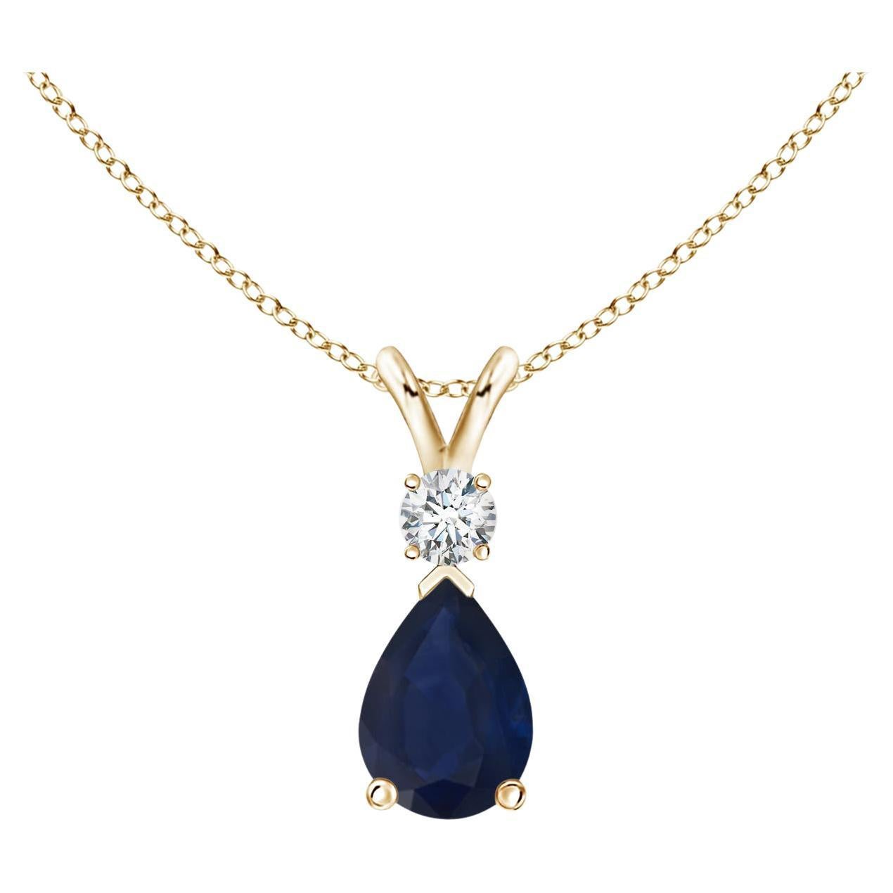 Natürlicher blauer Saphir-Tropfen-Anhänger mit Diamant in 14 Karat Gelbgold