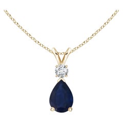 Natürlicher blauer Saphir-Tropfen-Anhänger mit Diamant in 14 Karat Gelbgold