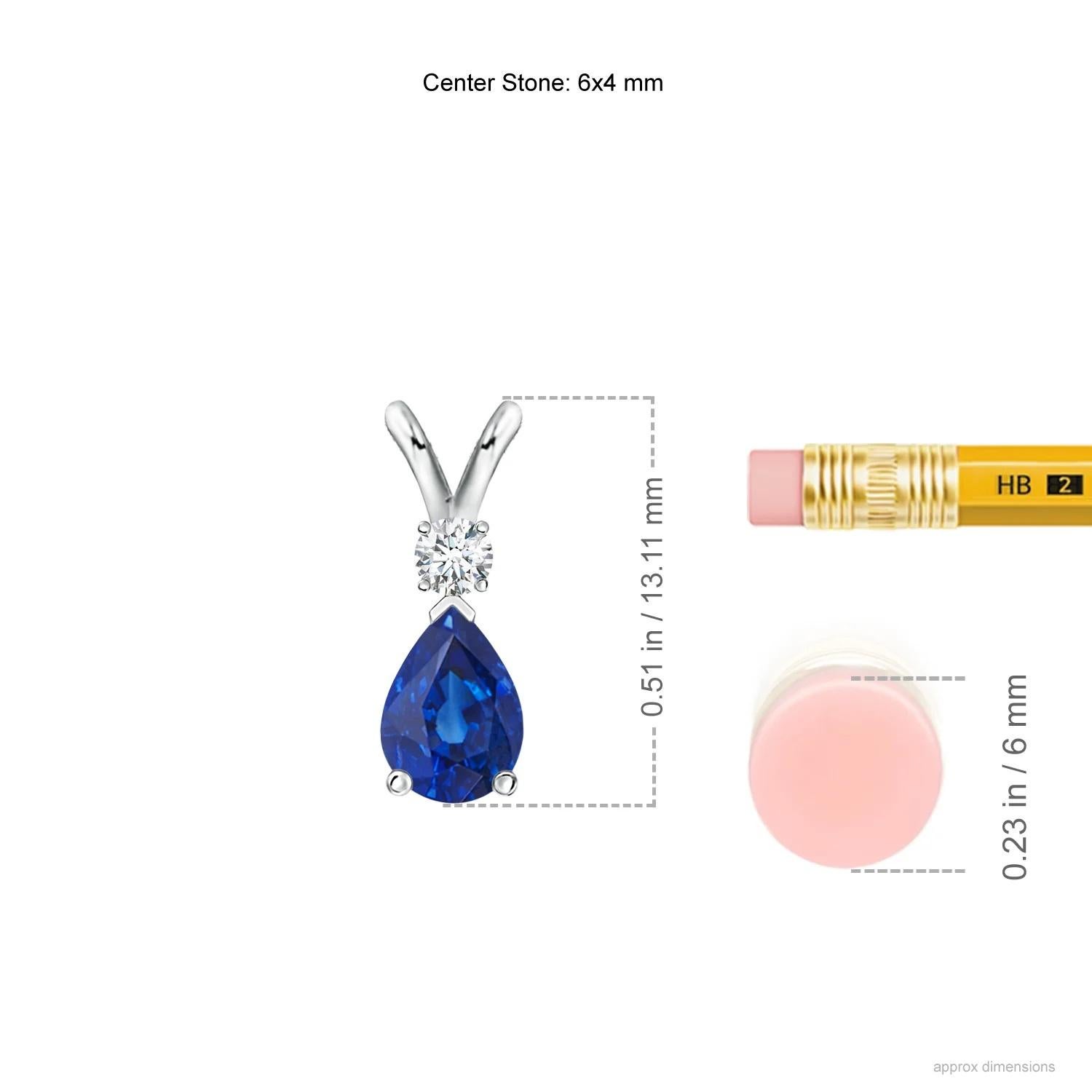 This classic solitaire pendant features a pear-shaped sapphire secured in a prong setting. A brilliant round diamond sits atop the blue gemstone adding to the design's charm. Simple yet appealing, this sapphire pendant in platinum is crafted with a