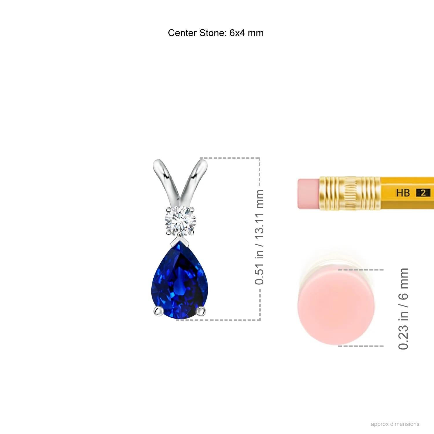 This classic solitaire pendant features a pear-shaped sapphire secured in a prong setting. A brilliant round diamond sits atop the blue gemstone adding to the design's charm. Simple yet appealing, this sapphire pendant in platinum is crafted with a