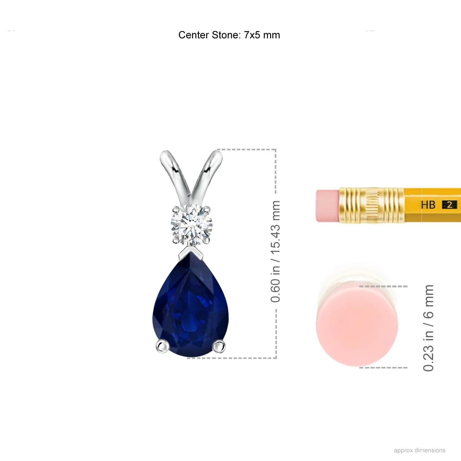 This classic solitaire pendant features a pear-shaped sapphire secured in a prong setting. A brilliant round diamond sits atop the blue gemstone adding to the design's charm. Simple yet appealing, this sapphire pendant in platinum is crafted with a