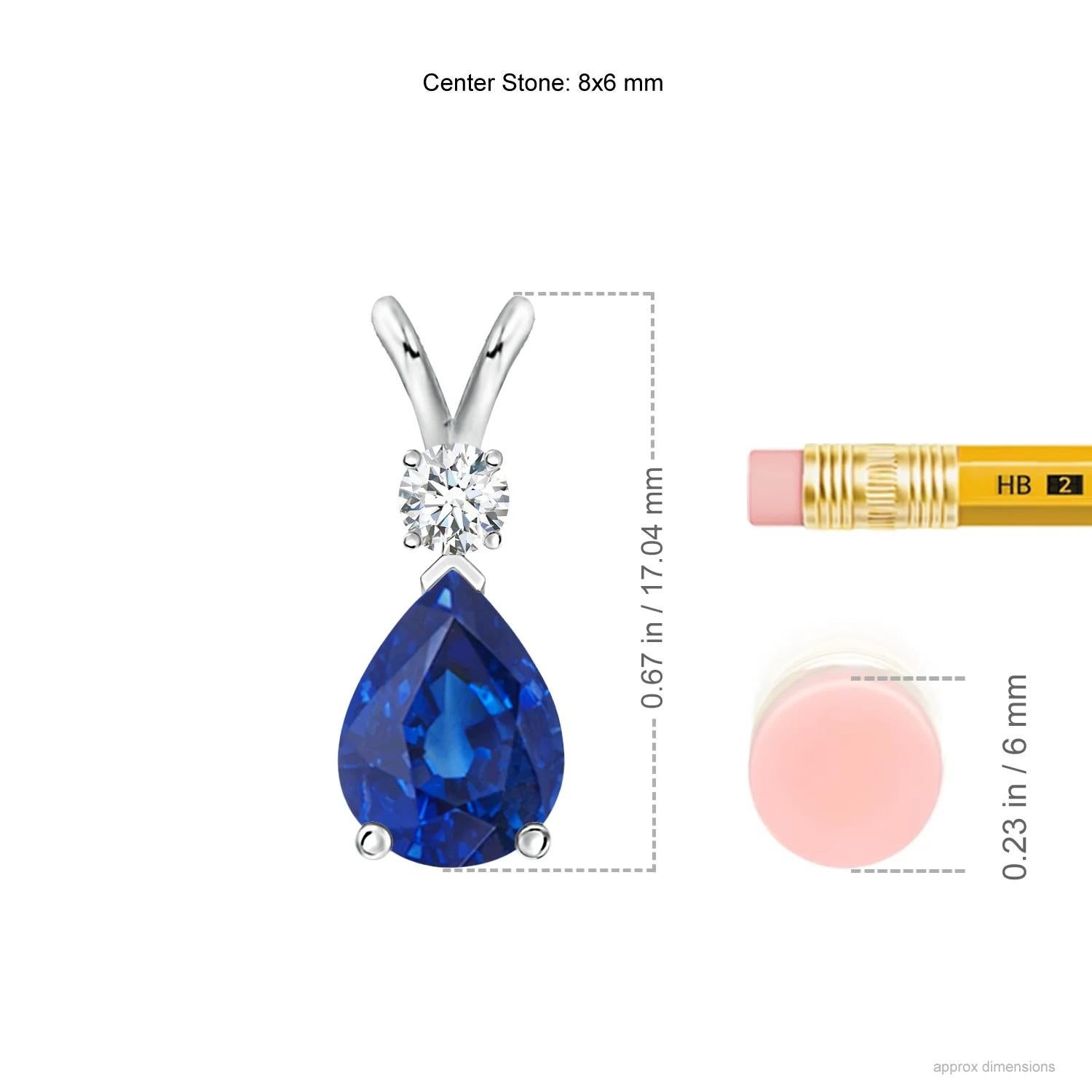 This classic solitaire pendant features a pear-shaped sapphire secured in a prong setting. A brilliant round diamond sits atop the blue gemstone adding to the design's charm. Simple yet appealing, this sapphire pendant in platinum is crafted with a