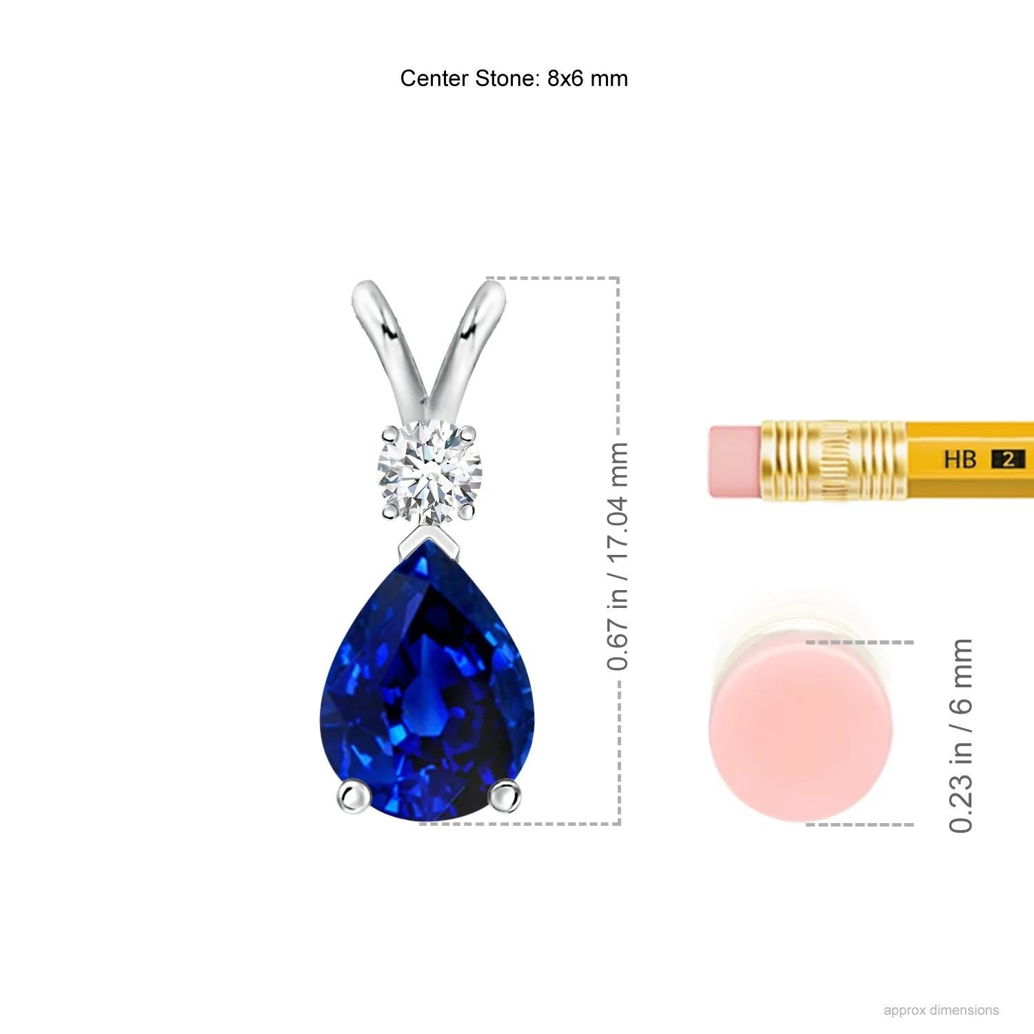 This classic solitaire pendant features a pear-shaped sapphire secured in a prong setting. A brilliant round diamond sits atop the blue gemstone adding to the design's charm. Simple yet appealing, this sapphire pendant in platinum is crafted with a