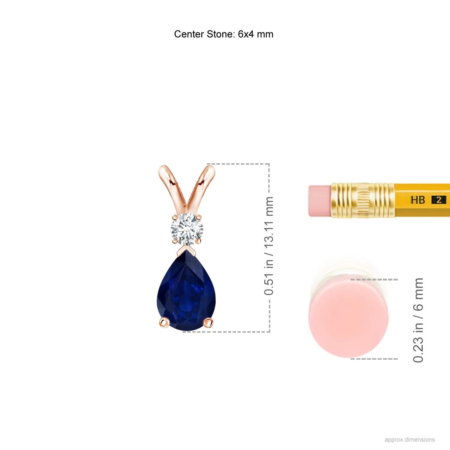 This classic solitaire pendant features a pear-shaped sapphire secured in a prong setting. A brilliant round diamond sits atop the blue gemstone adding to the design's charm. Simple yet appealing, this sapphire pendant in 14k rose gold is crafted