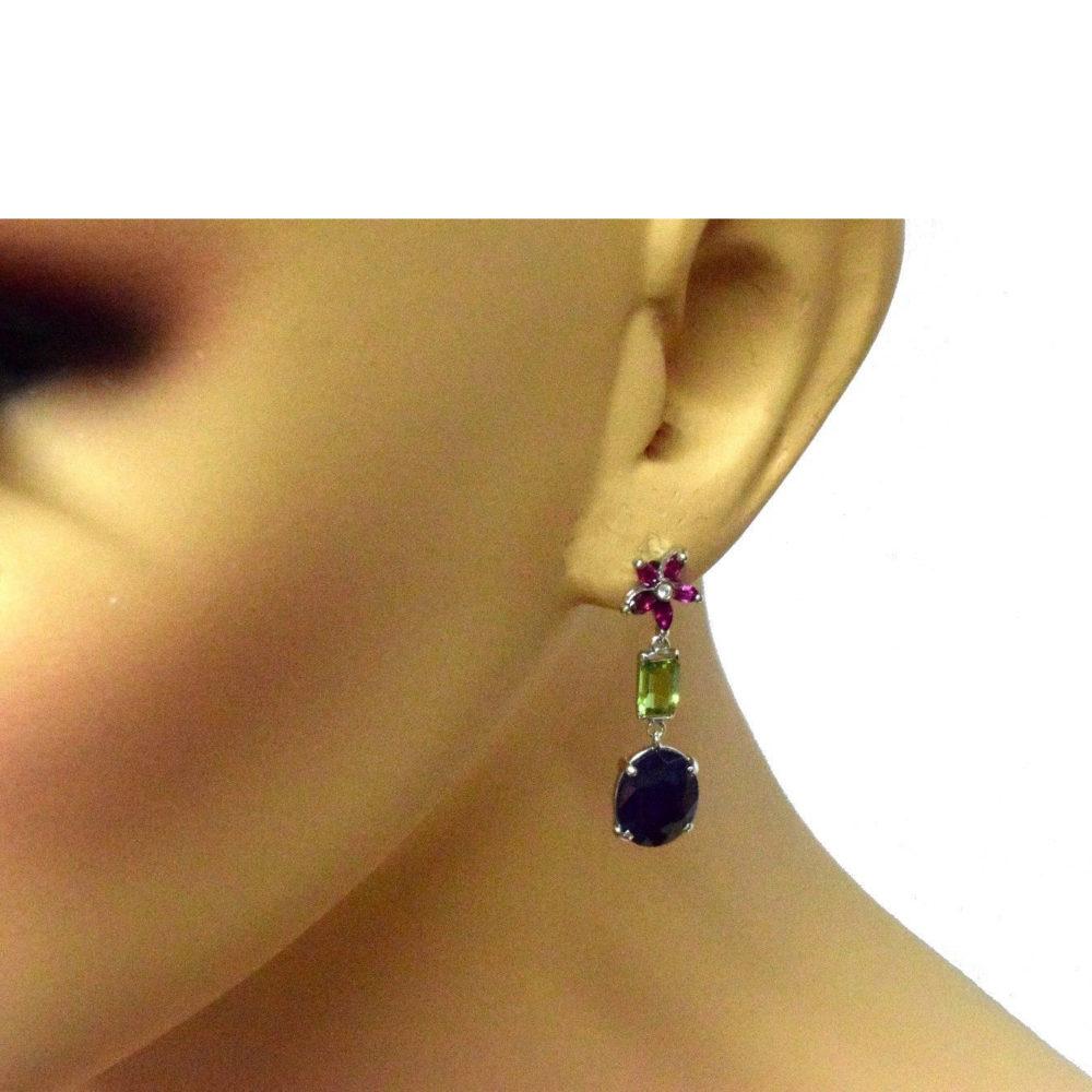Natural Blue Sapphire, Tourmaline, and Ruby Star Cluster Diamond Drop Earrings In Good Condition In Miami, FL