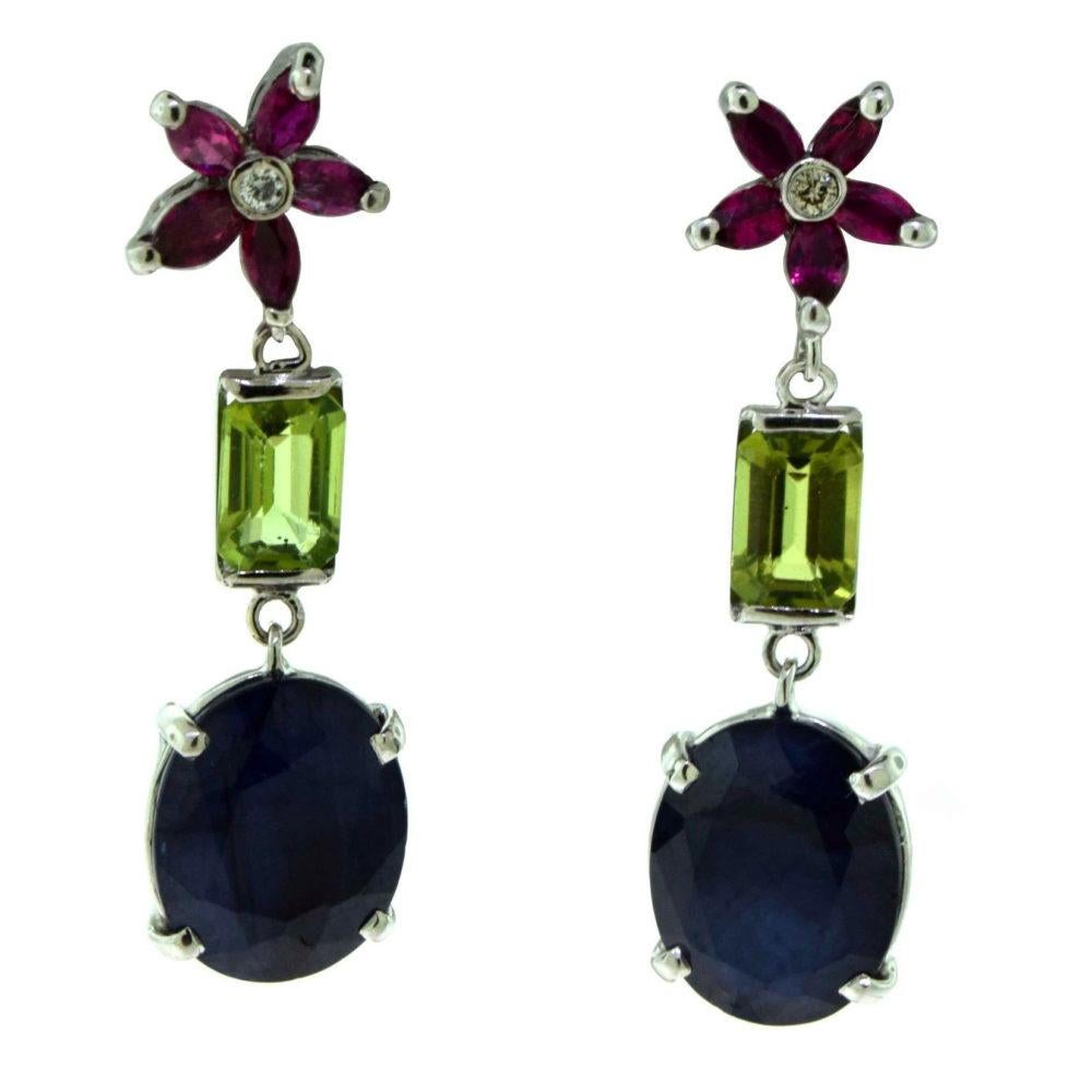 Women's or Men's Natural Blue Sapphire, Tourmaline, and Ruby Star Cluster Diamond Drop Earrings