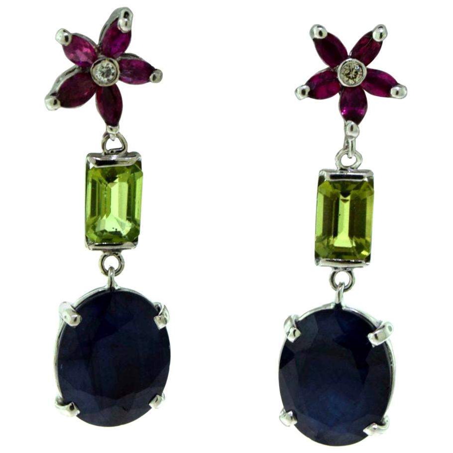 Natural Blue Sapphire, Tourmaline, and Ruby Star Cluster Diamond Drop Earrings