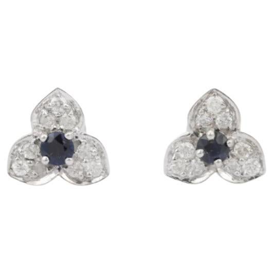Natural Blue Sapphire Diamond Trillium Flower Stud Earrings in Sterling Silver For Sale