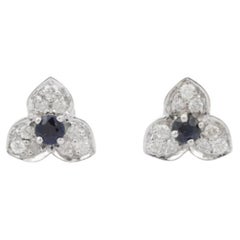 Natural Blue Sapphire Diamond Trillium Flower Stud Earrings in Sterling Silver