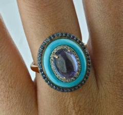 Natural Blue Sapphire, Turquoise, Tanzanite, & Diamond Ring in 18k Gold