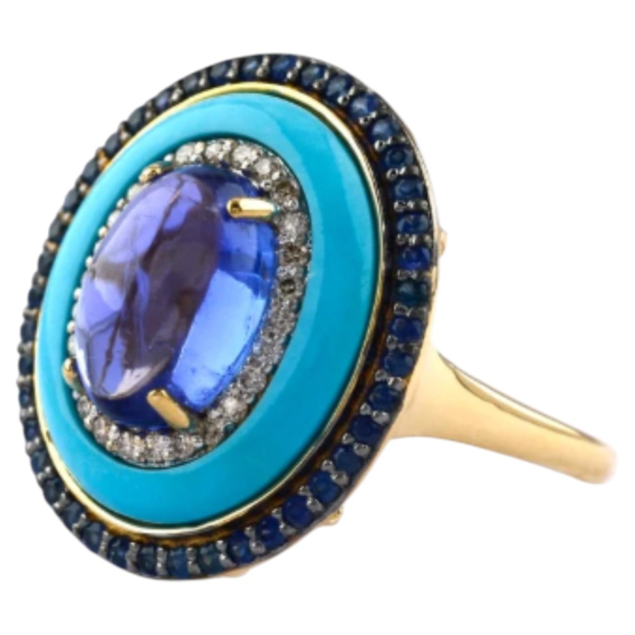 Anello in oro 18 carati con zaffiro blu naturale, turchese, tanzanite e diamanti