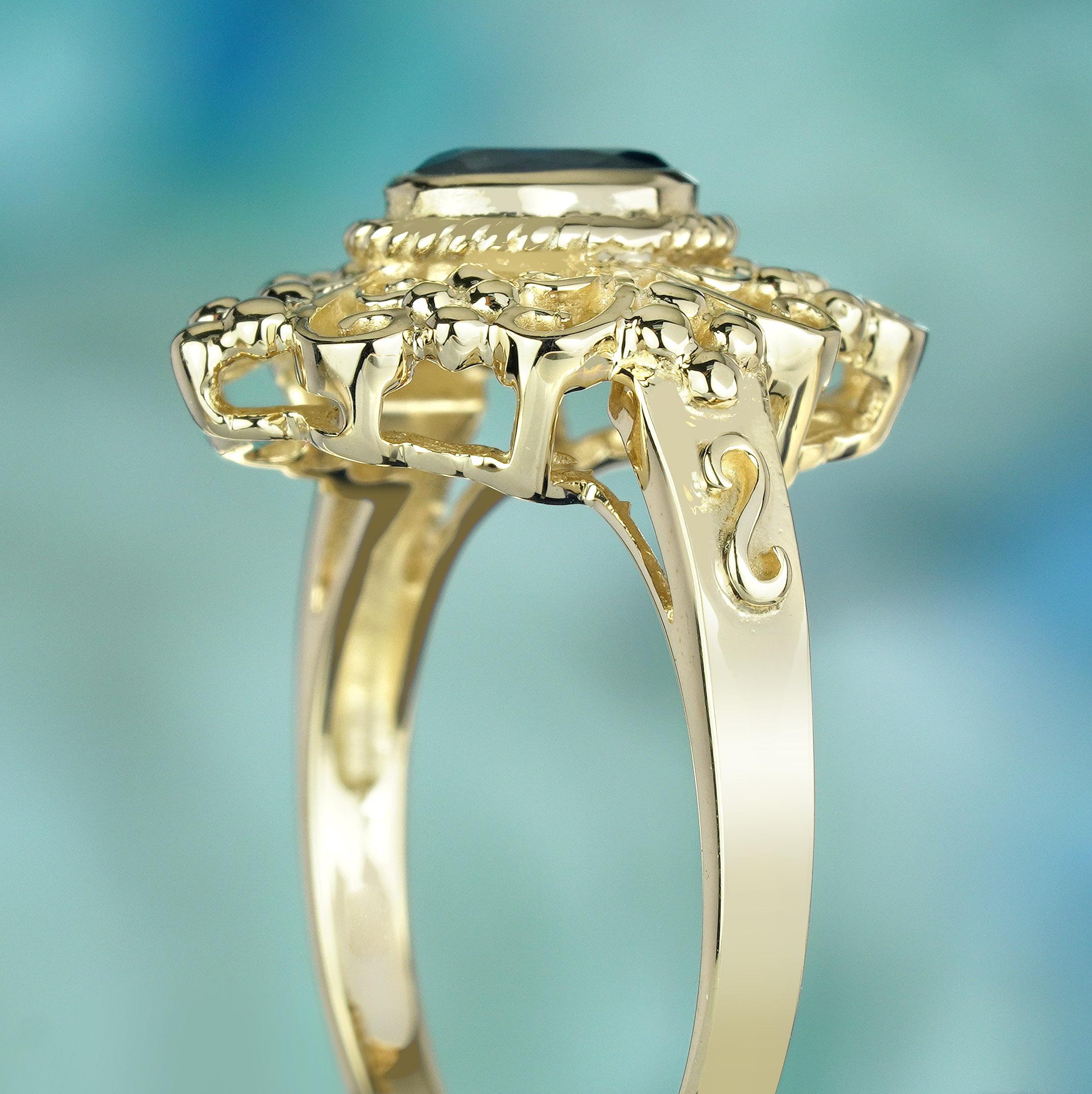 Bague de style victorien en or jaune massif 9K avec saphir bleu naturel Pour femmes en vente