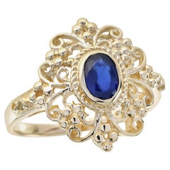 Natural Blue Sapphire Victorian Style Ring in Solid 9K Yellow Gold