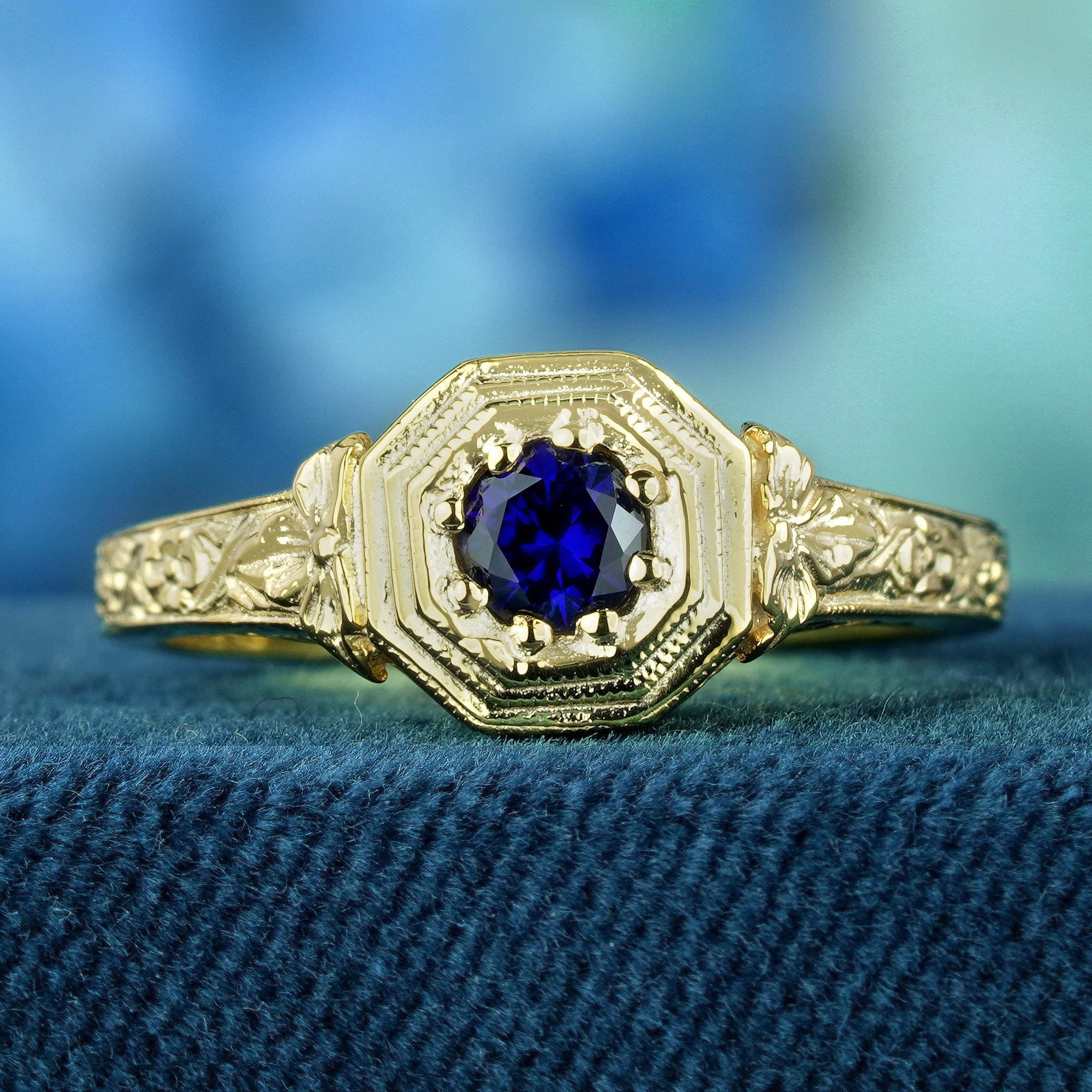 Verlobungsring aus massivem 9 Karat Gelbgold mit natürlichem blauem Saphir im Vintage-Stil (Edwardian) im Angebot
