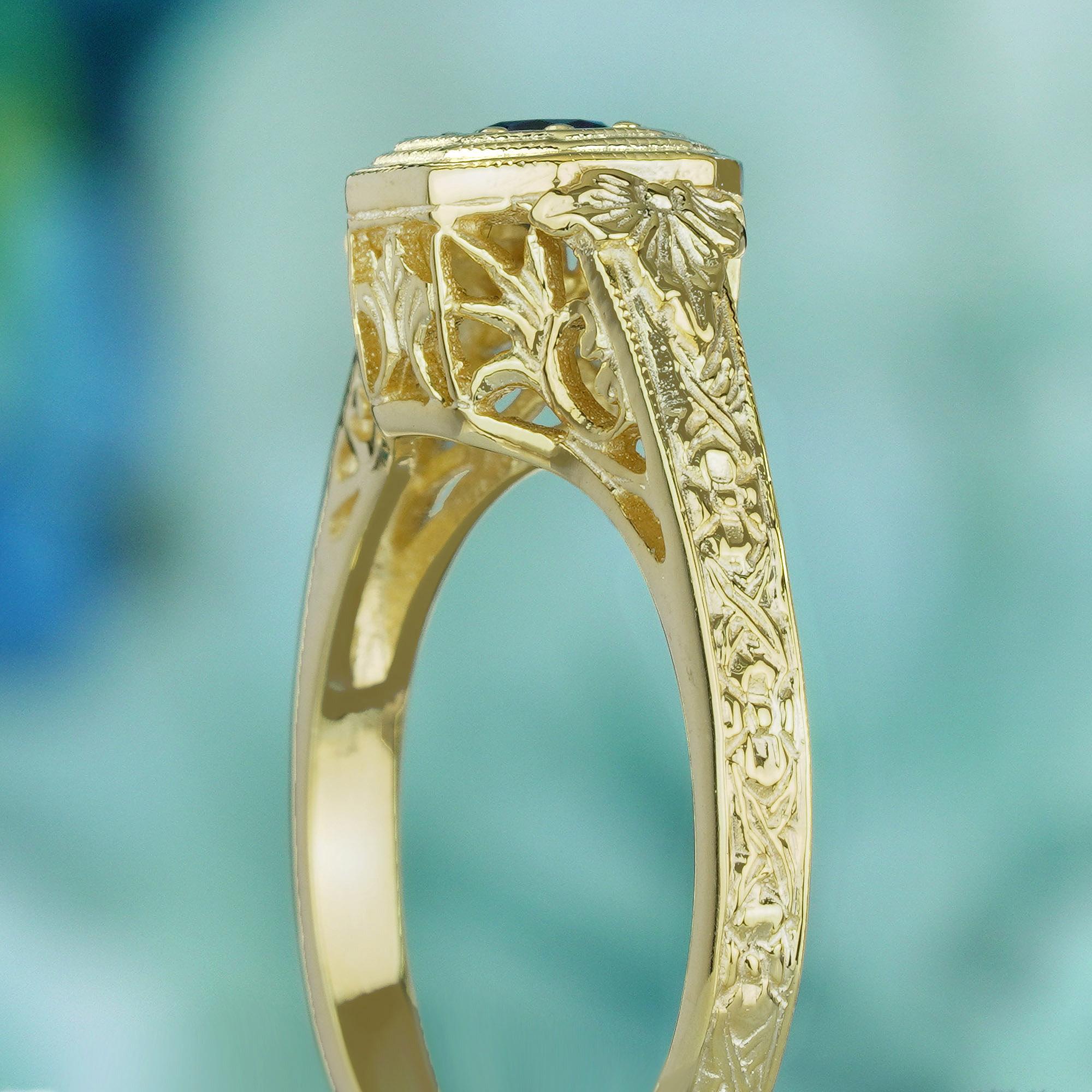 Verlobungsring aus massivem 9 Karat Gelbgold mit natürlichem blauem Saphir im Vintage-Stil Damen im Angebot