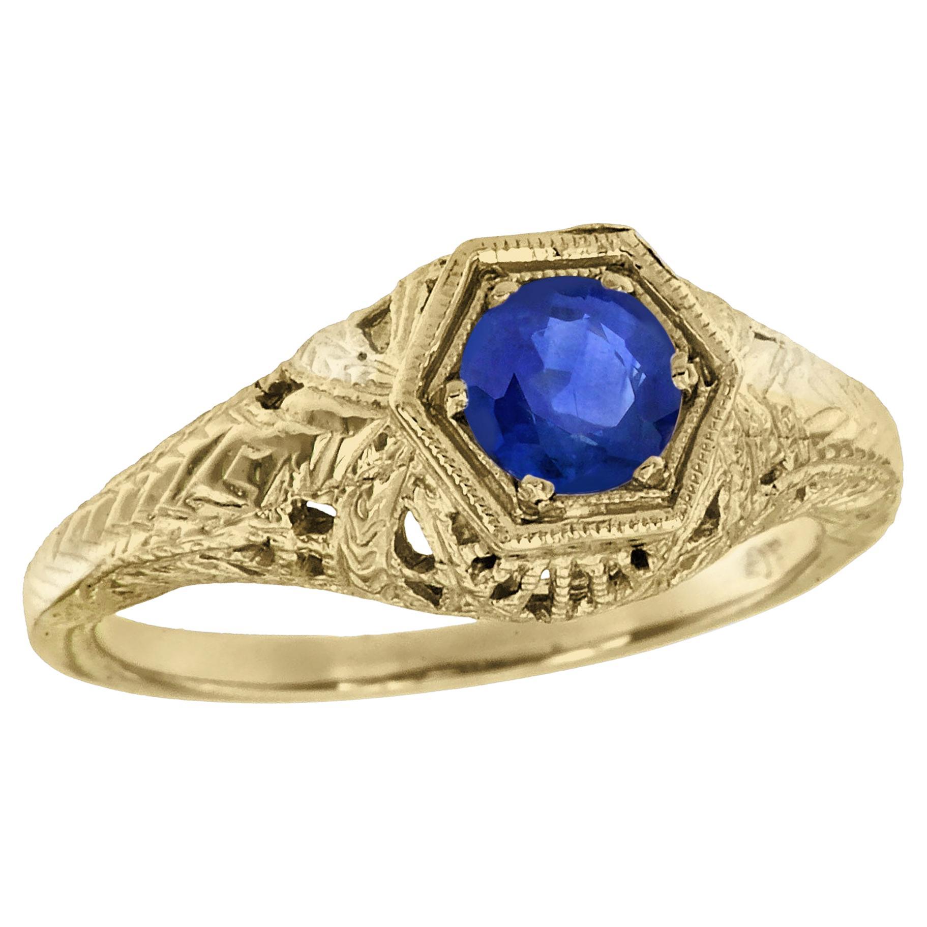 Natural Blue Sapphire Vintage Style Filigree Engagement Ring in 9K Yellow Gold