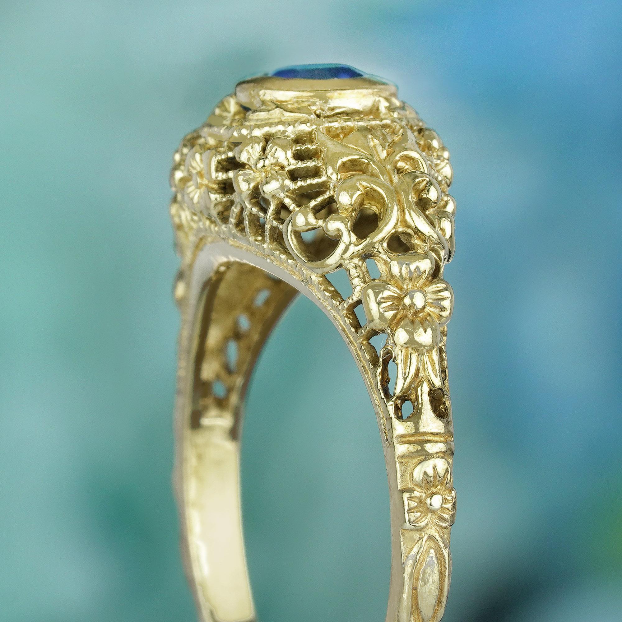 Women's Natural Blue Sapphire Vintage Style Filigree Ring in Solid 9K Yellow Gold For Sale