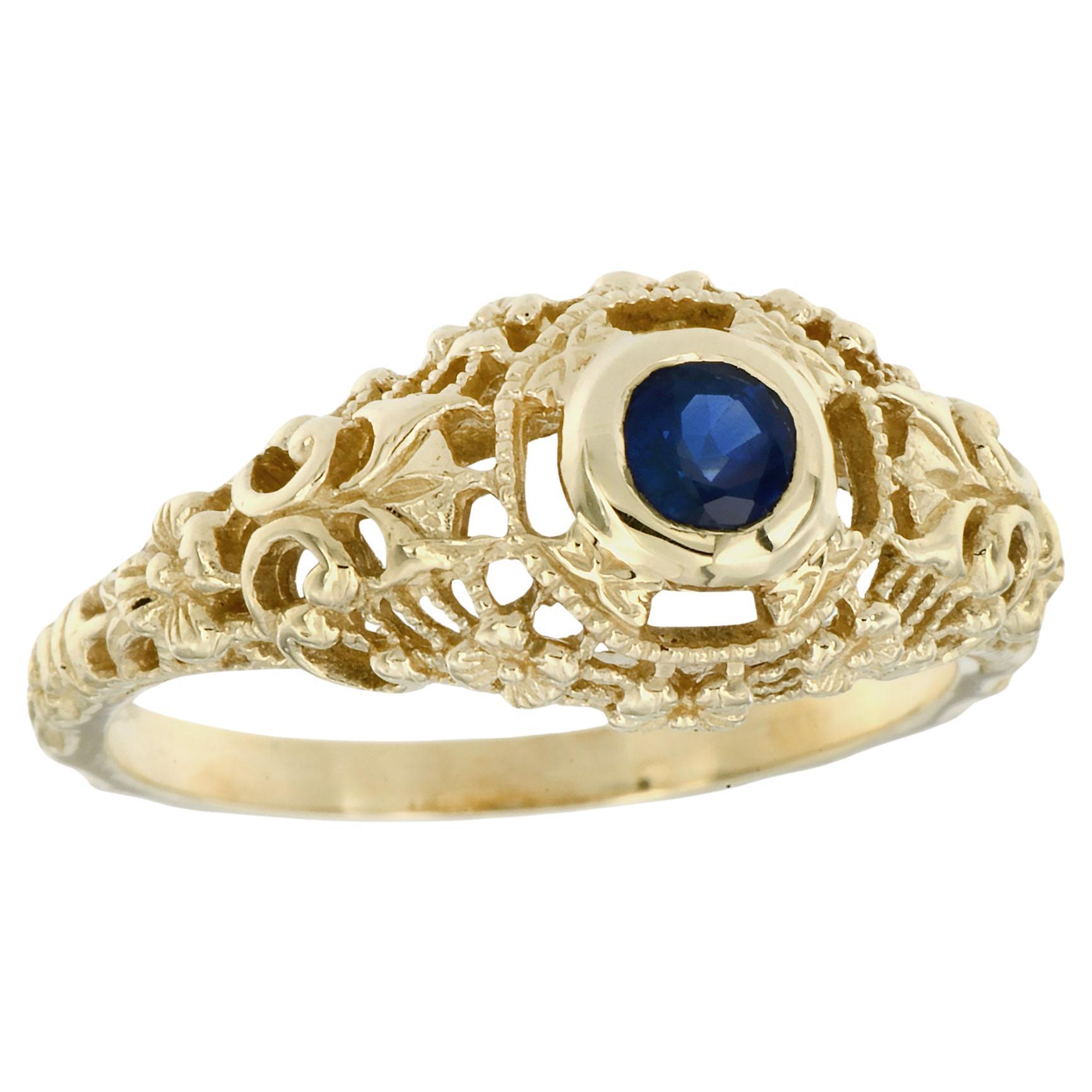 Filigraner Vintage-Ring aus massivem 9K Gelbgold mit natürlichem blauem Saphir im Vintage-Stil