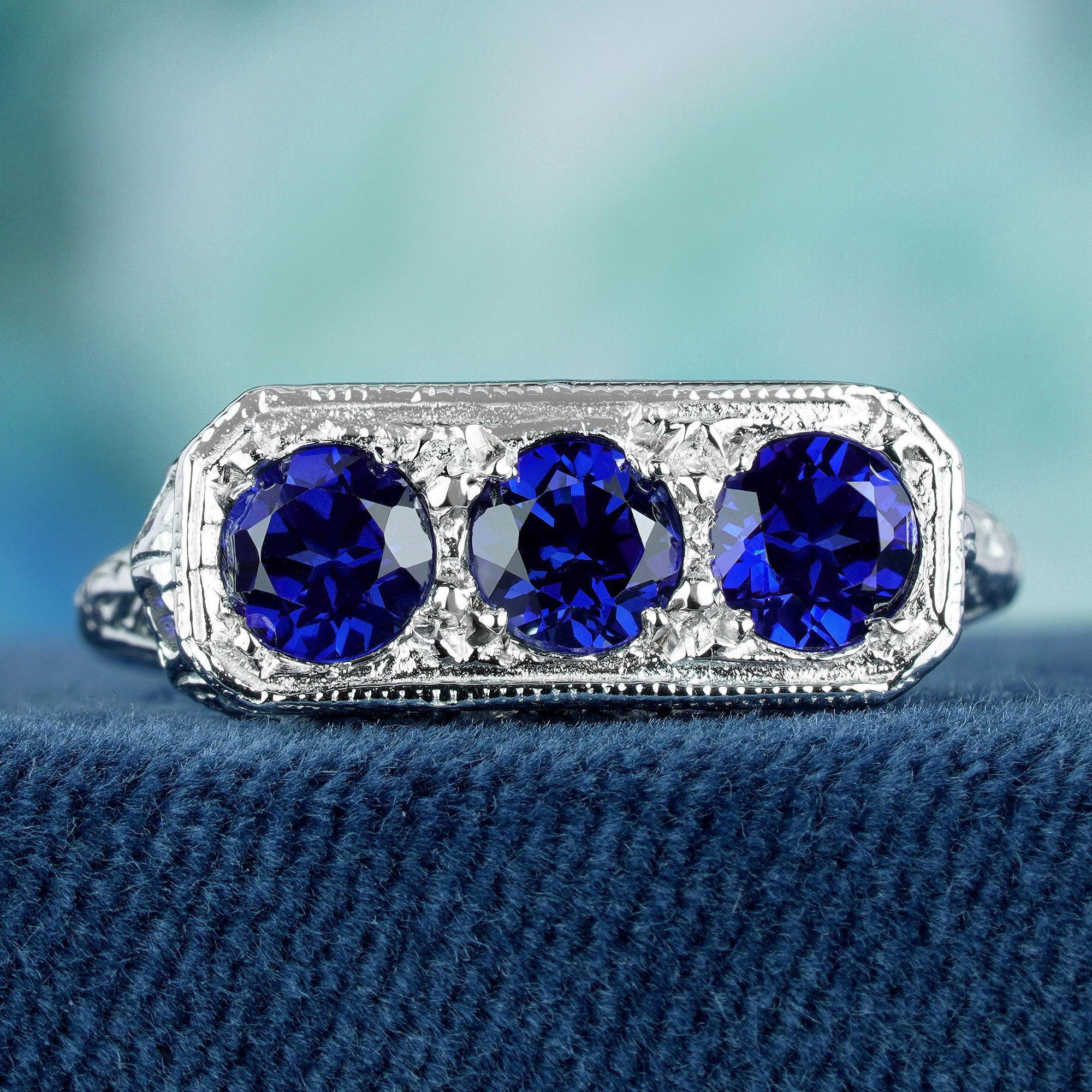 Edwardian Natural Blue Sapphire Vintage Style Filigree Three Stone Ring in Solid 9K Gold For Sale