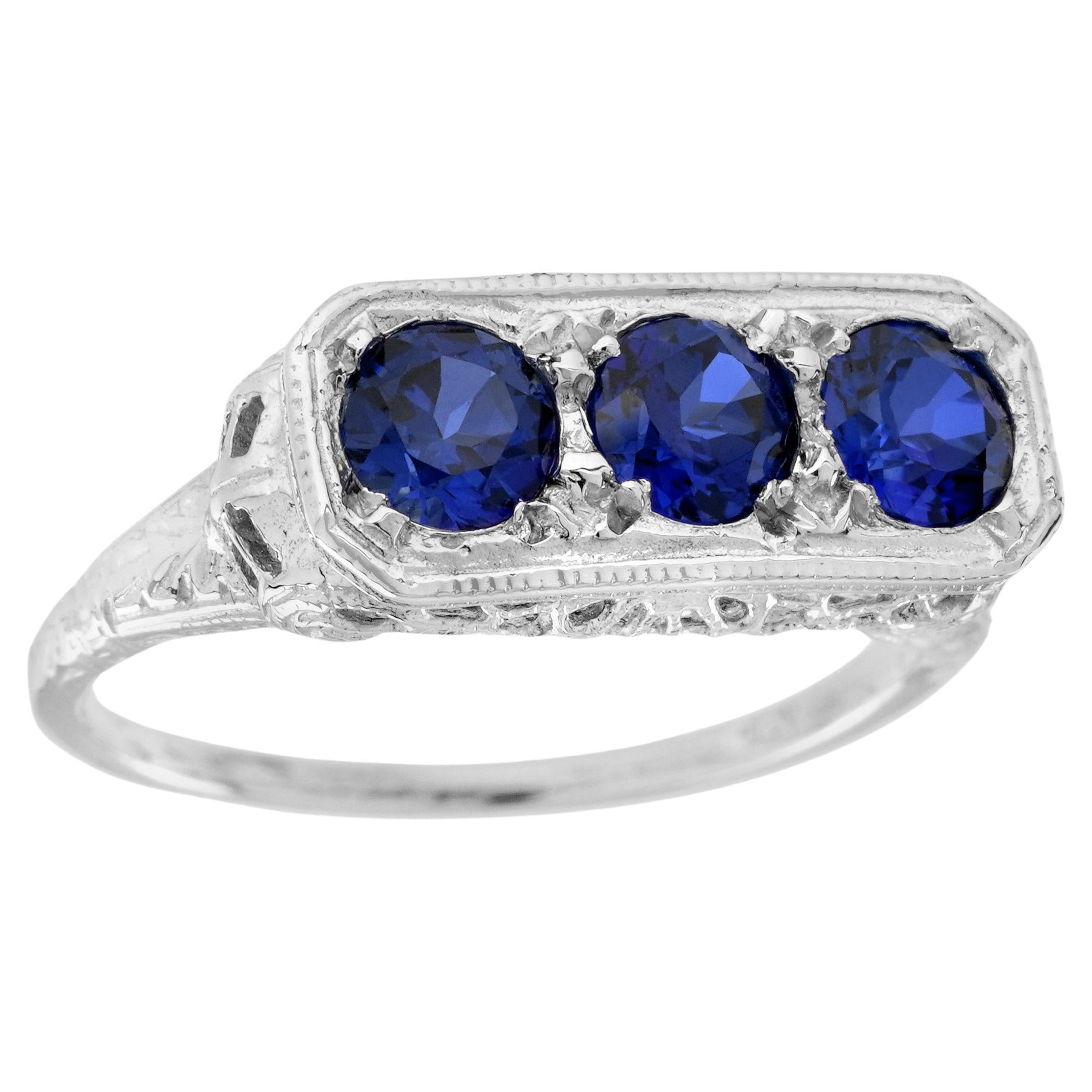 Natural Blue Sapphire Vintage Style Filigree Three Stone Ring in Solid 9K Gold For Sale