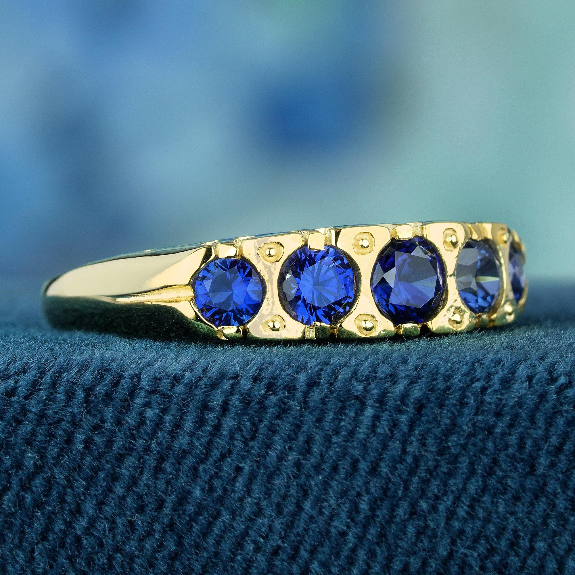 Edwardian Natural Blue Sapphire Vintage Style Five Stone Ring in Solid 9K Yellow Gold For Sale