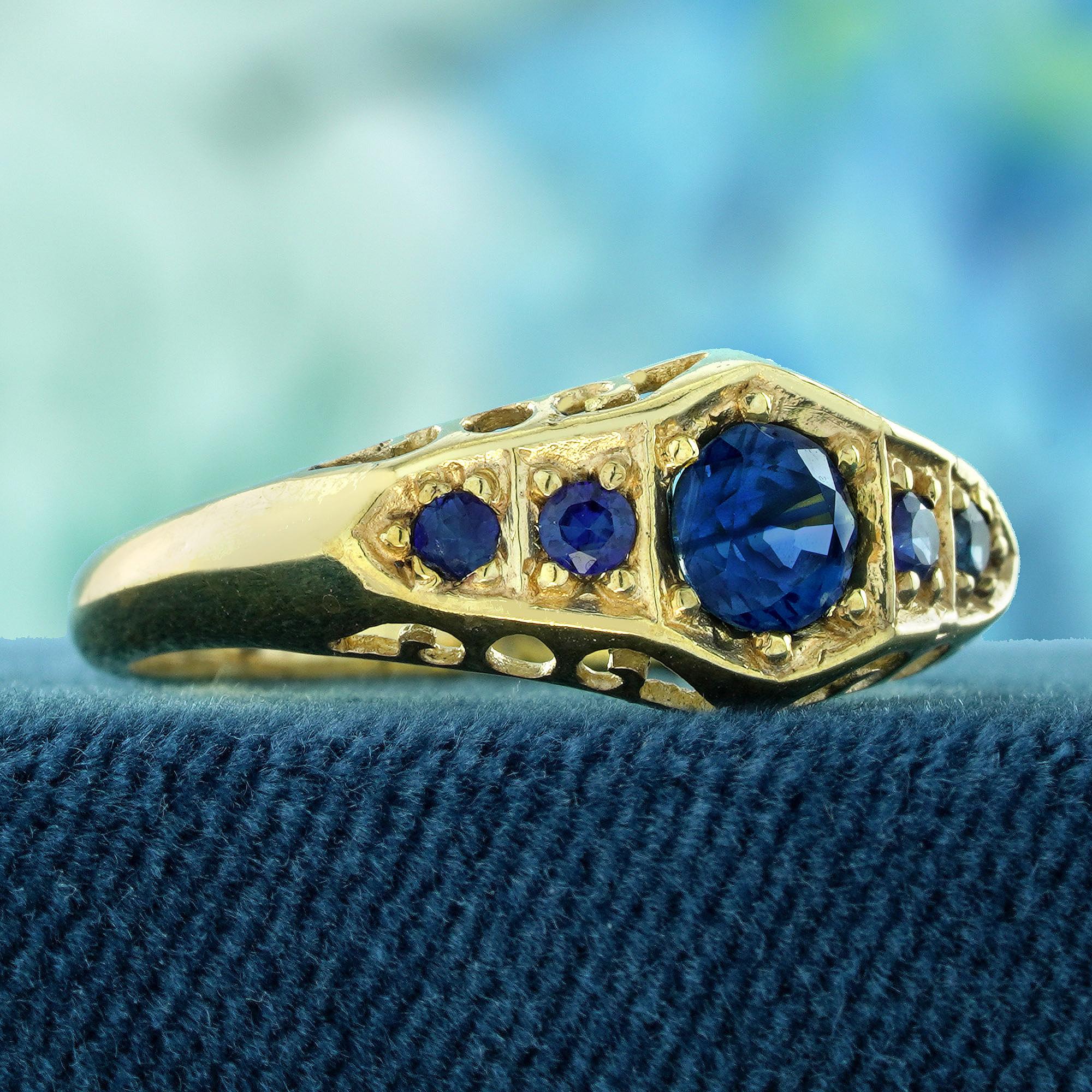 Edwardian Natural Blue Sapphire Vintage Style Five Stone Ring in Solid 9K Yellow Gold For Sale