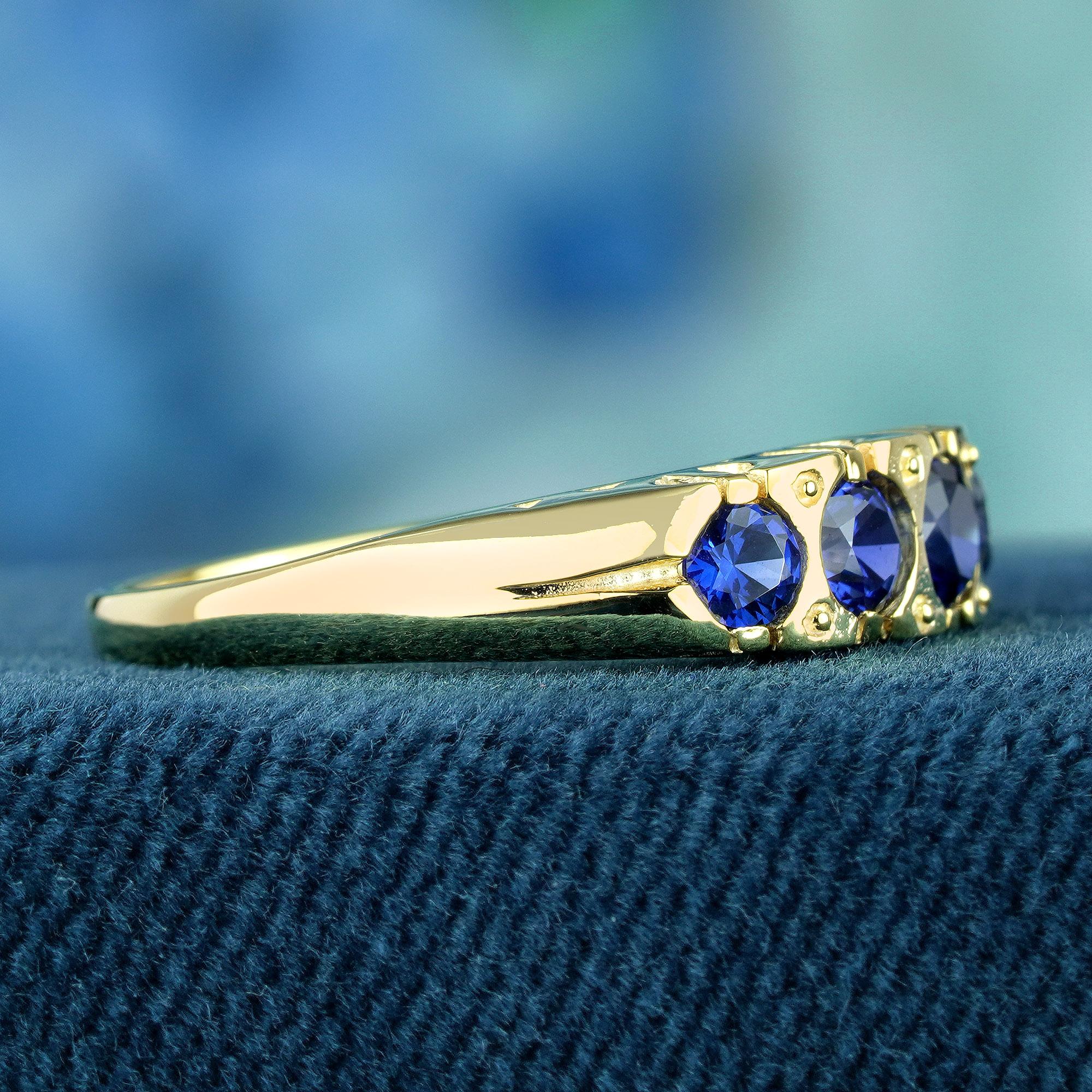 Round Cut Natural Blue Sapphire Vintage Style Five Stone Ring in Solid 9K Yellow Gold For Sale