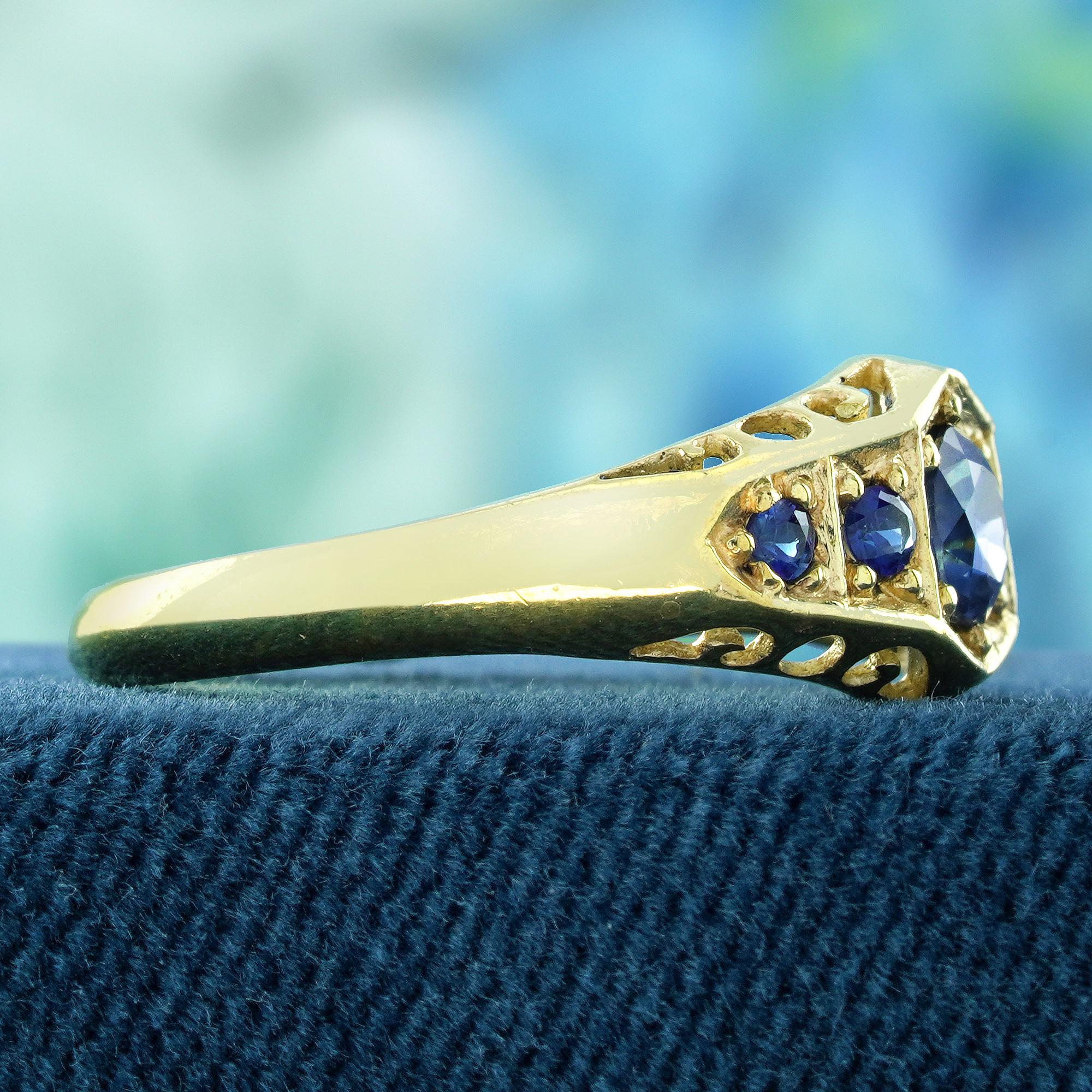 Round Cut Natural Blue Sapphire Vintage Style Five Stone Ring in Solid 9K Yellow Gold For Sale