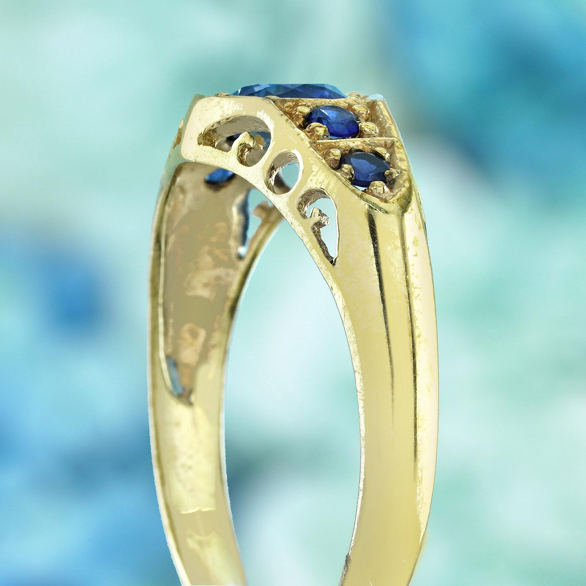 Women's Natural Blue Sapphire Vintage Style Five Stone Ring in Solid 9K Yellow Gold For Sale