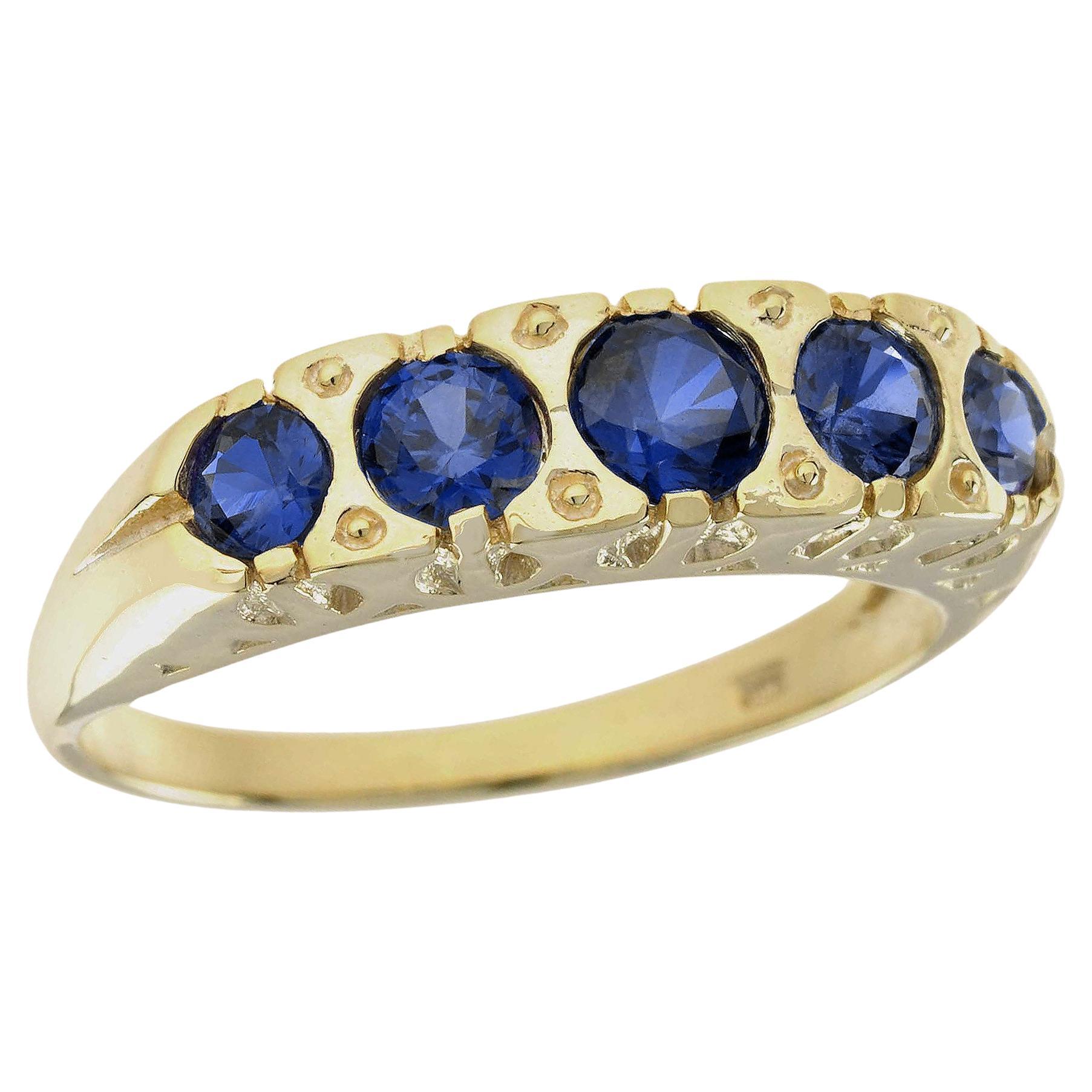 Natural Blue Sapphire Vintage Style Five Stone Ring in Solid 9K Yellow Gold For Sale