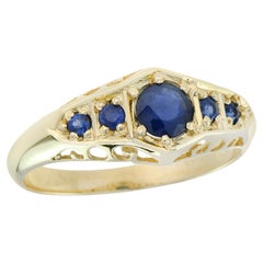 Natural Blue Sapphire Vintage Style Five Stone Ring in Solid 9K Yellow Gold
