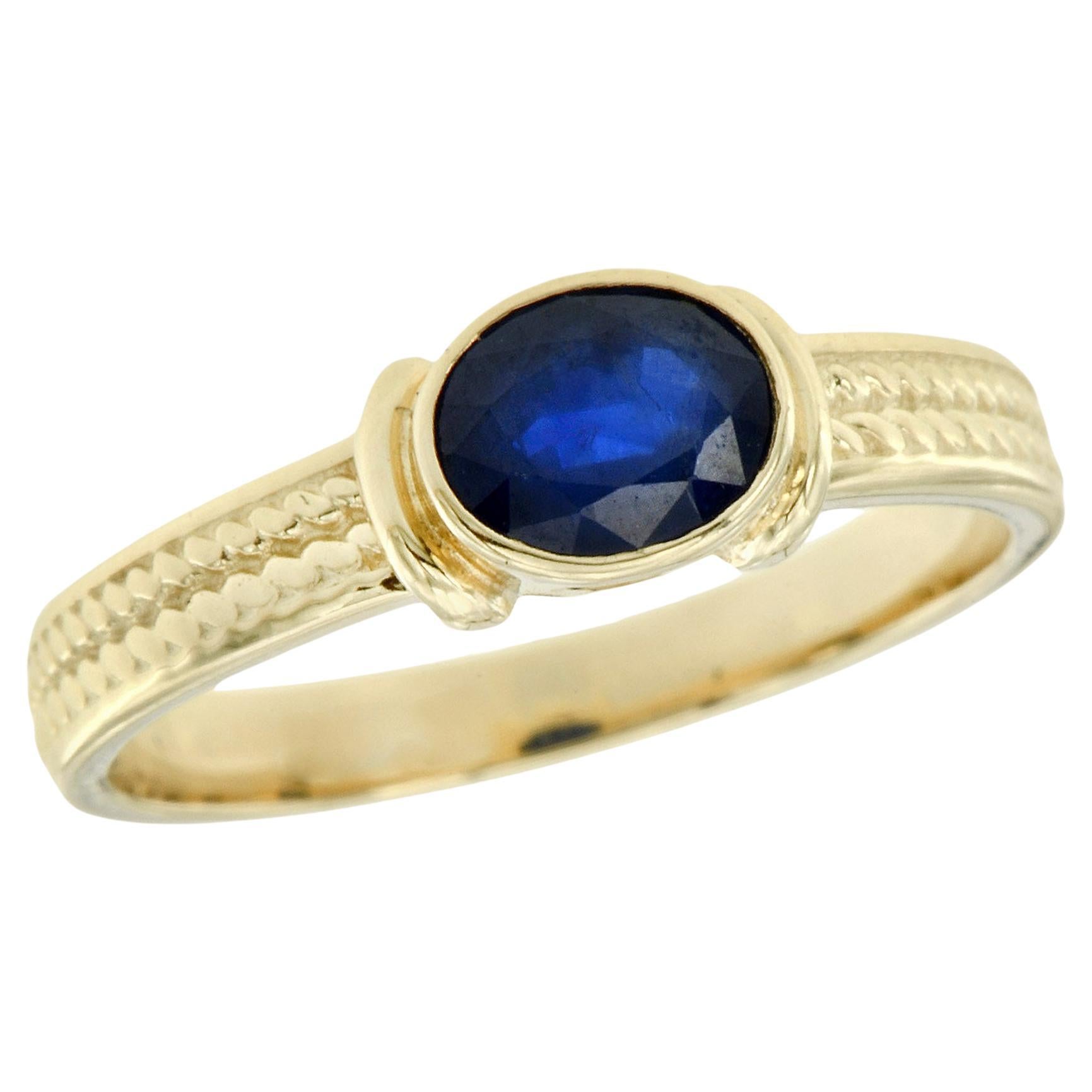 Natural Blue Sapphire Vintage Style Solitaire  Ring in Solid 9K Yellow Gold