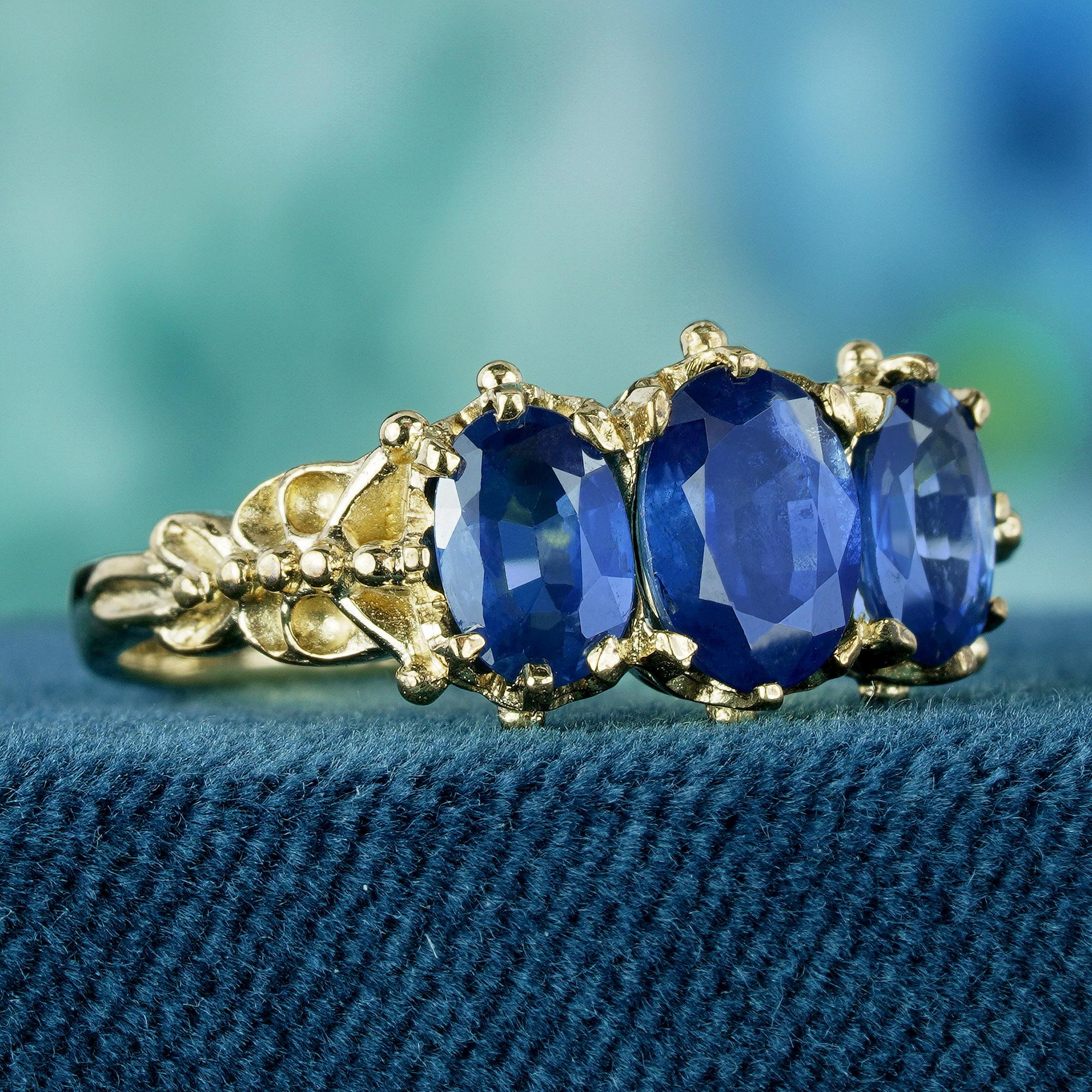 yellow gold natural blue sapphire victorian trilogy ring