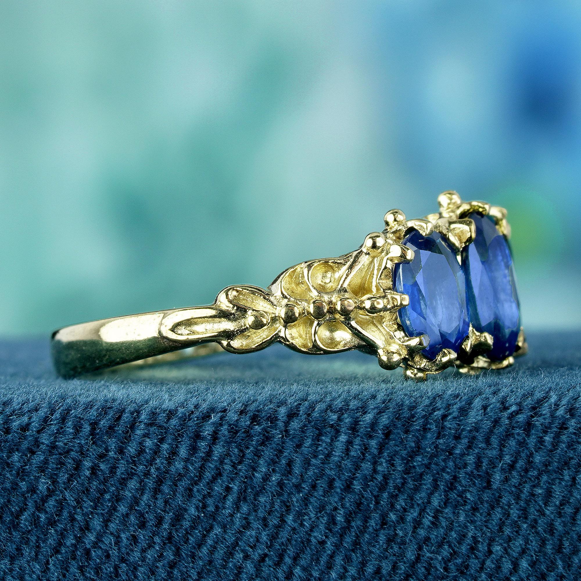 Edwardian Natural Blue Sapphire Vintage Victorian Style Three Stone Ring in Solid 9K Gold For Sale