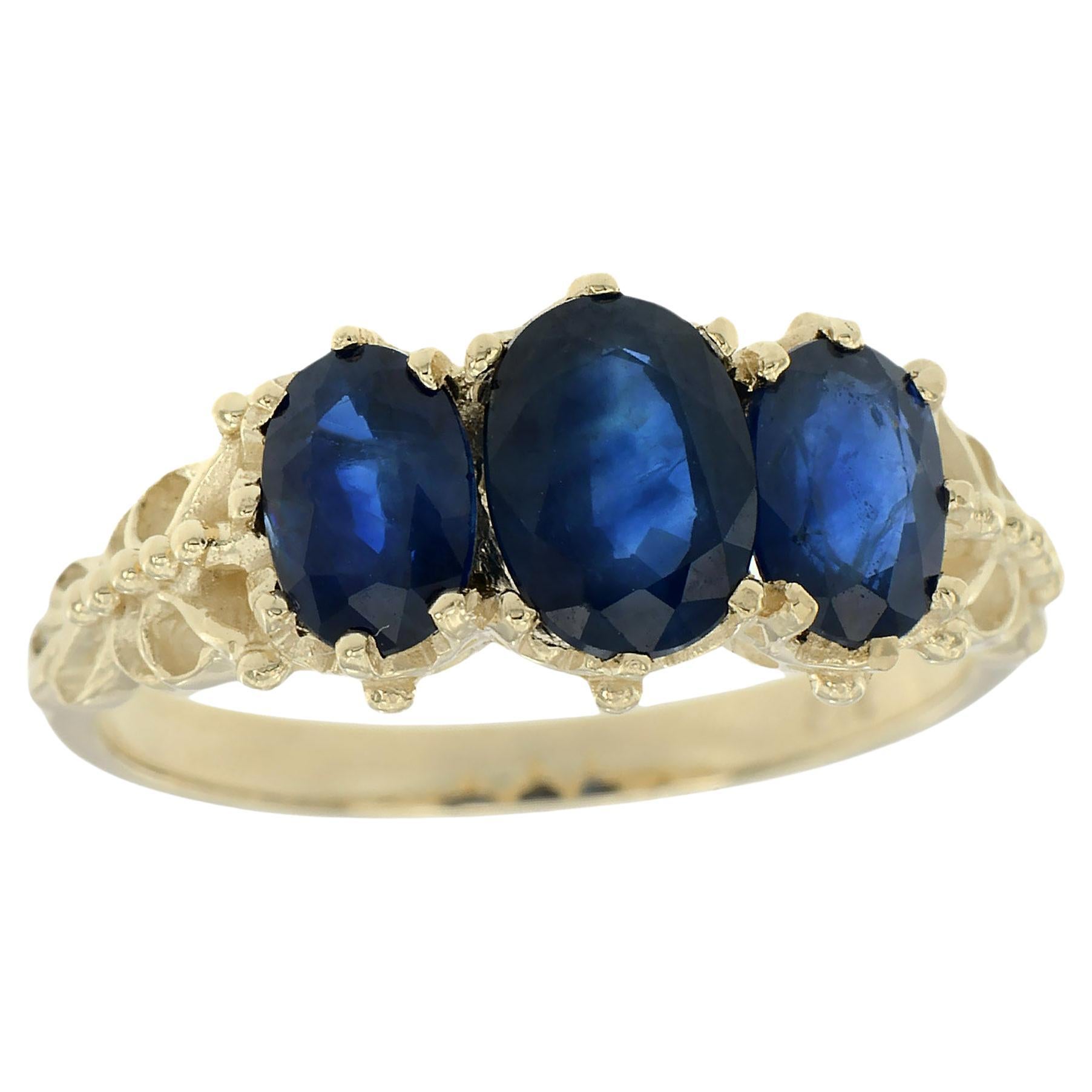 Natural Blue Sapphire Vintage Victorian Style Three Stone Ring in Solid 9K Gold For Sale