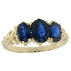 Natural Blue Sapphire Vintage Victorian Style Three Stone Ring in Solid 9K Gold