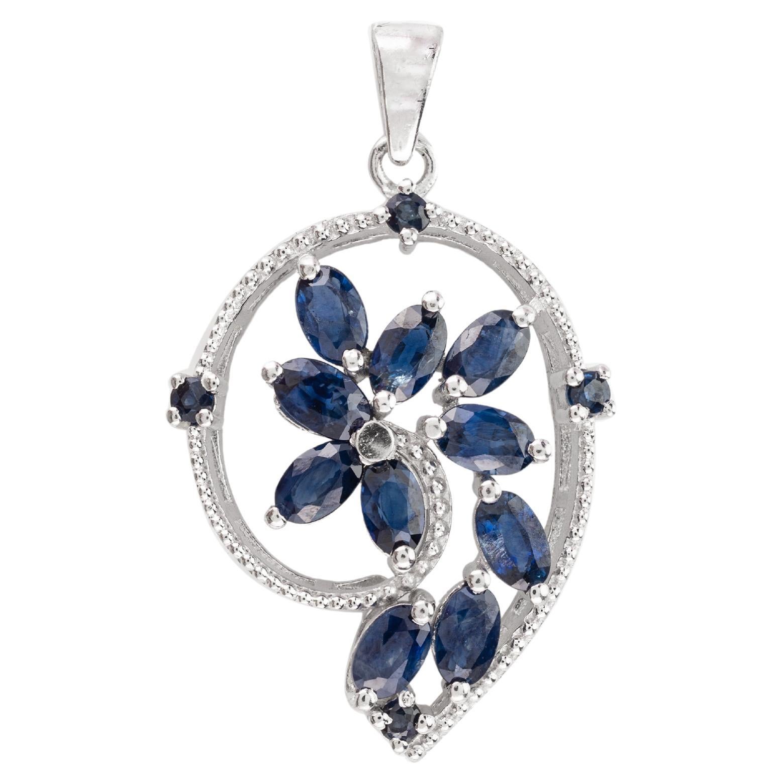 Natural Blue Sapphire Wedding Pendant Crafted in .925 Sterling Silver For Sale