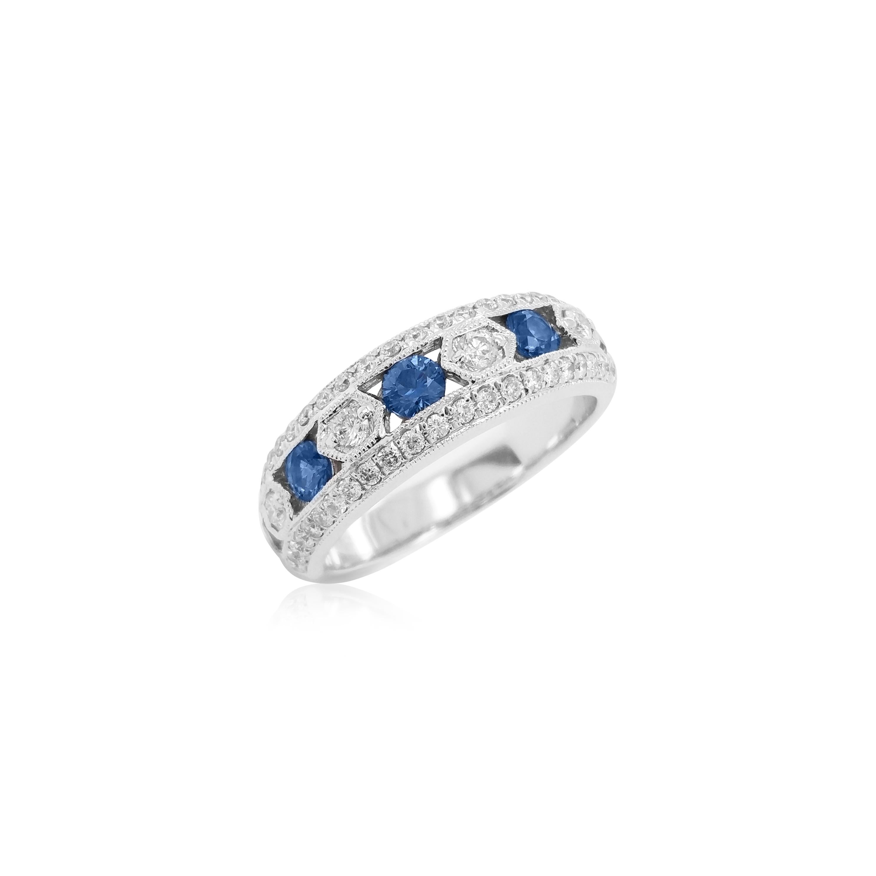 Brilliant Cut Natural Blue Sapphire White Diamond 14K Gold Band Ring For Sale