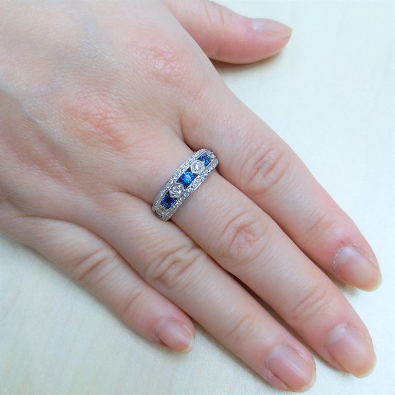Bague Fiançailles Or Blanc Saphir Bleu Naturel 2ct Diamants – Taille 7 – Façon Main Inde