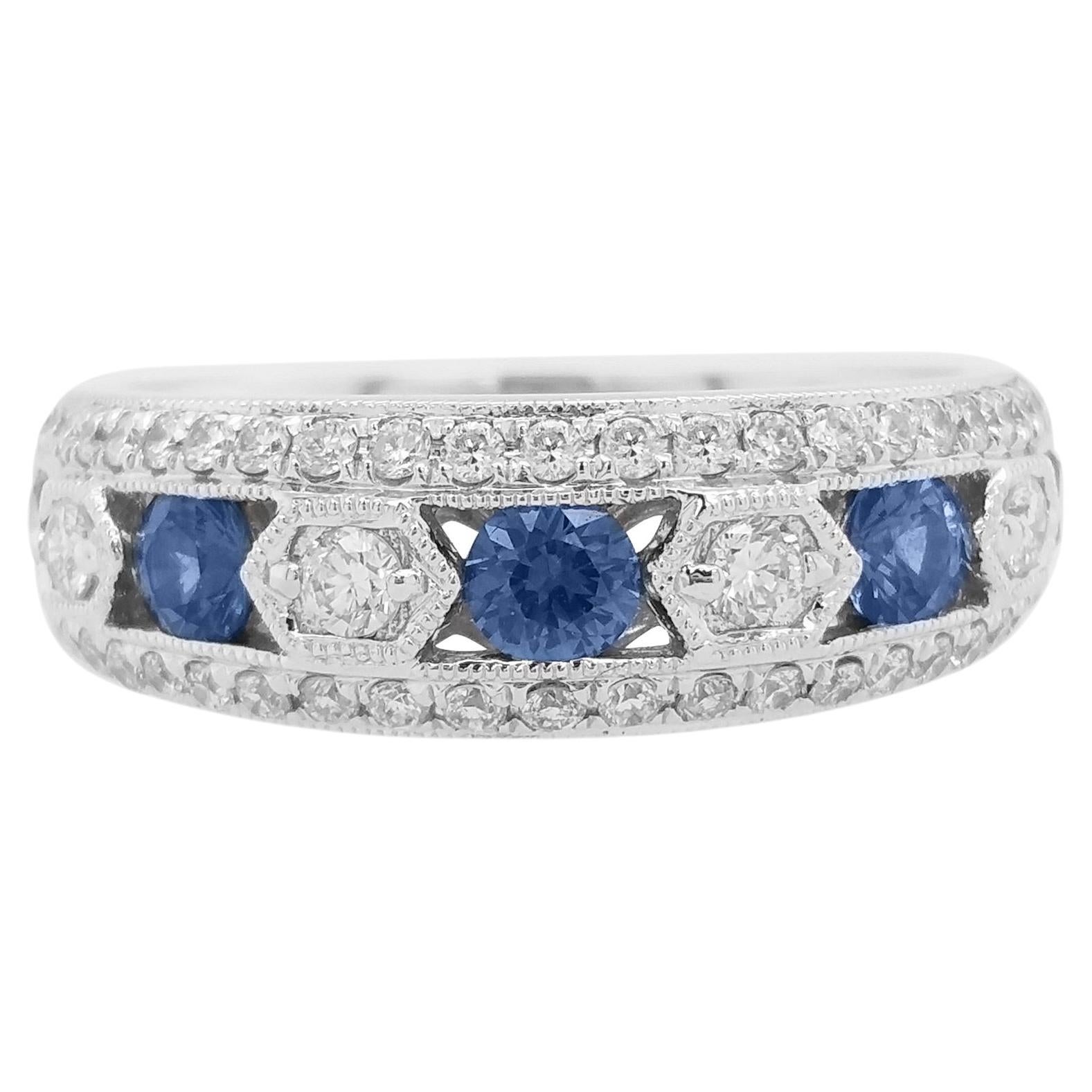 Natural Blue Sapphire White Diamond 14K Gold Band Ring For Sale
