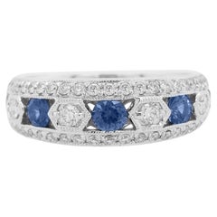 Natural Blue Sapphire White Diamond 14K Gold Band Ring