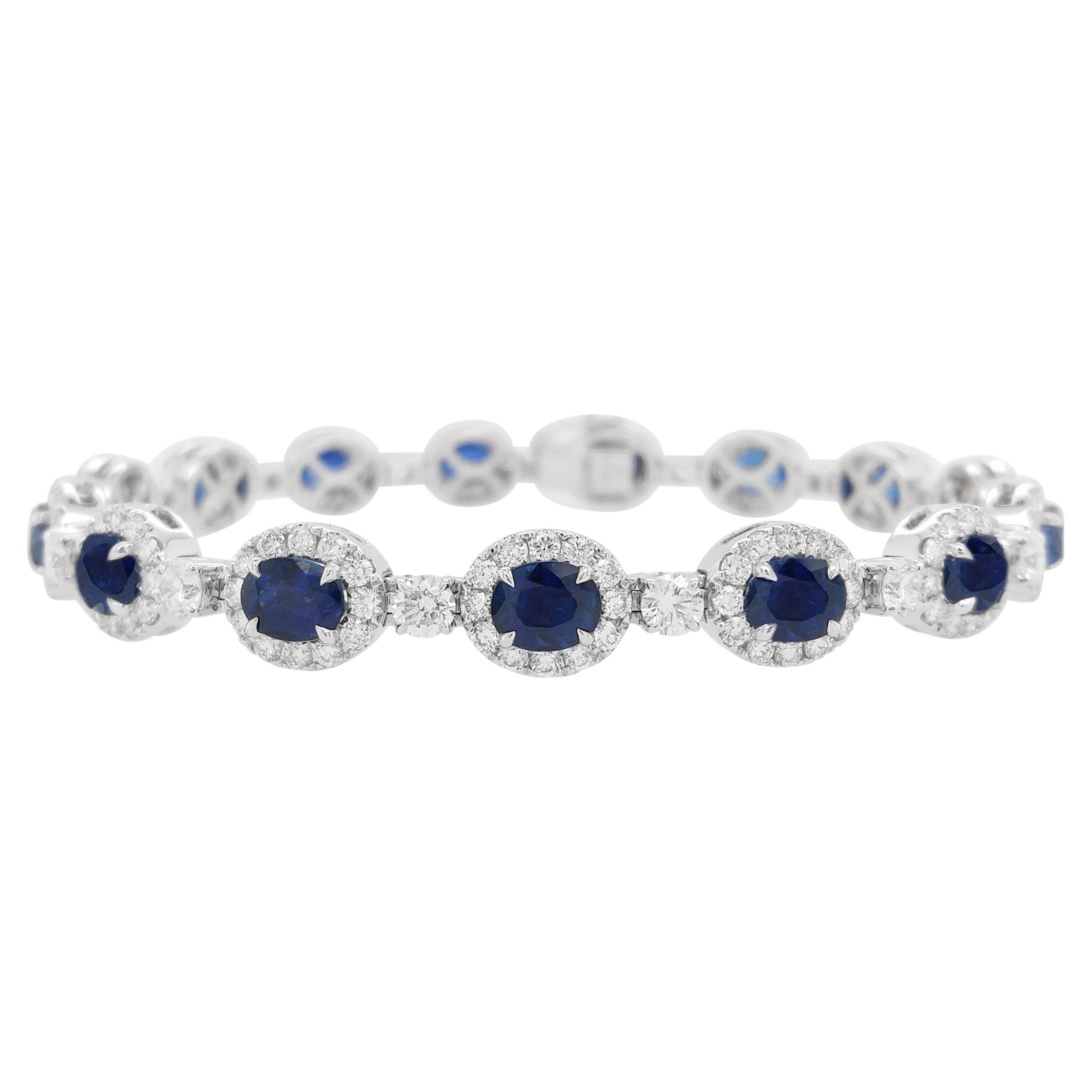 Natural Blue Sapphire White Diamond 18K White Gold Bracelet