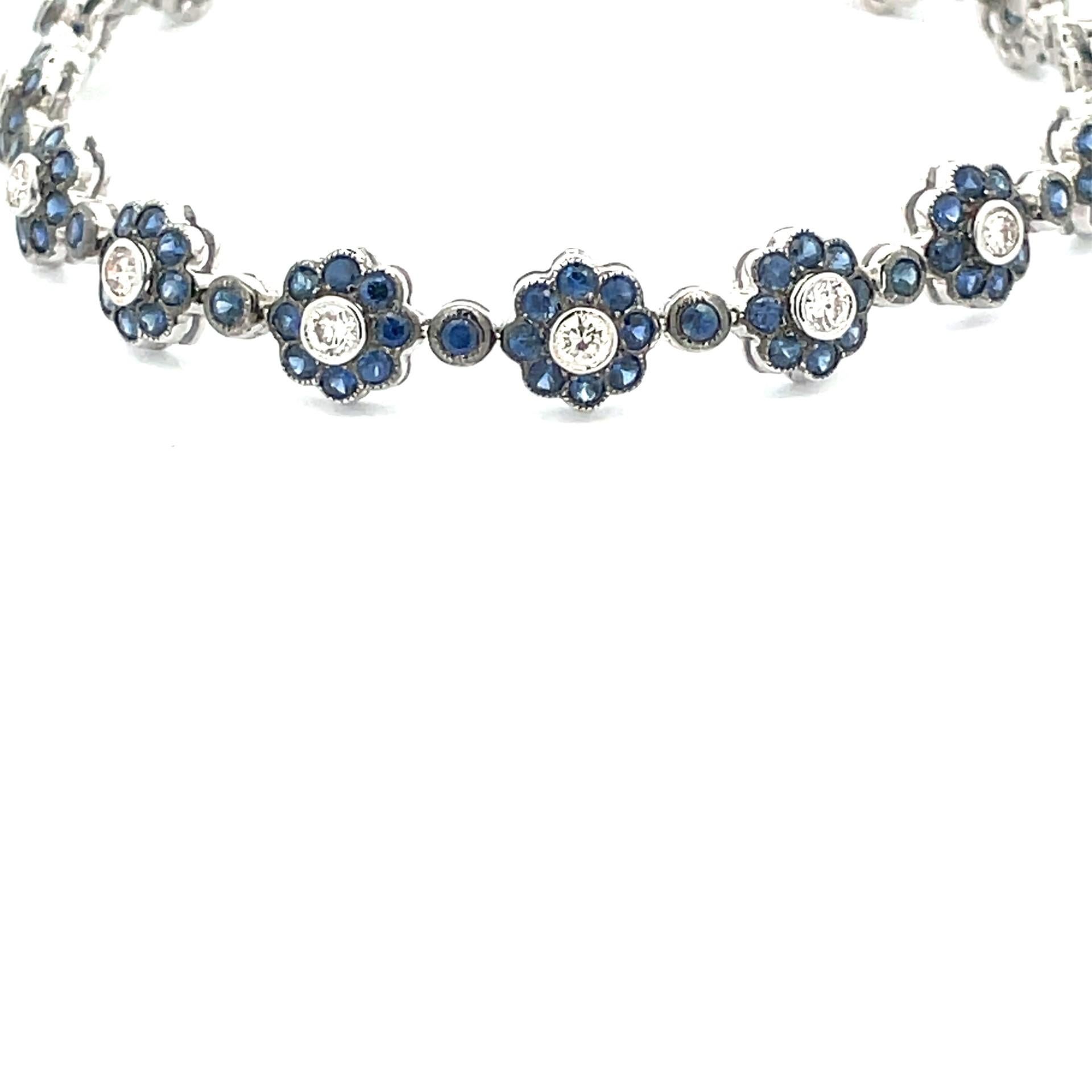 Contemporary Natural Blue Sapphire & White Diamond Flower Bracelet in 18 Karat White Gold For Sale