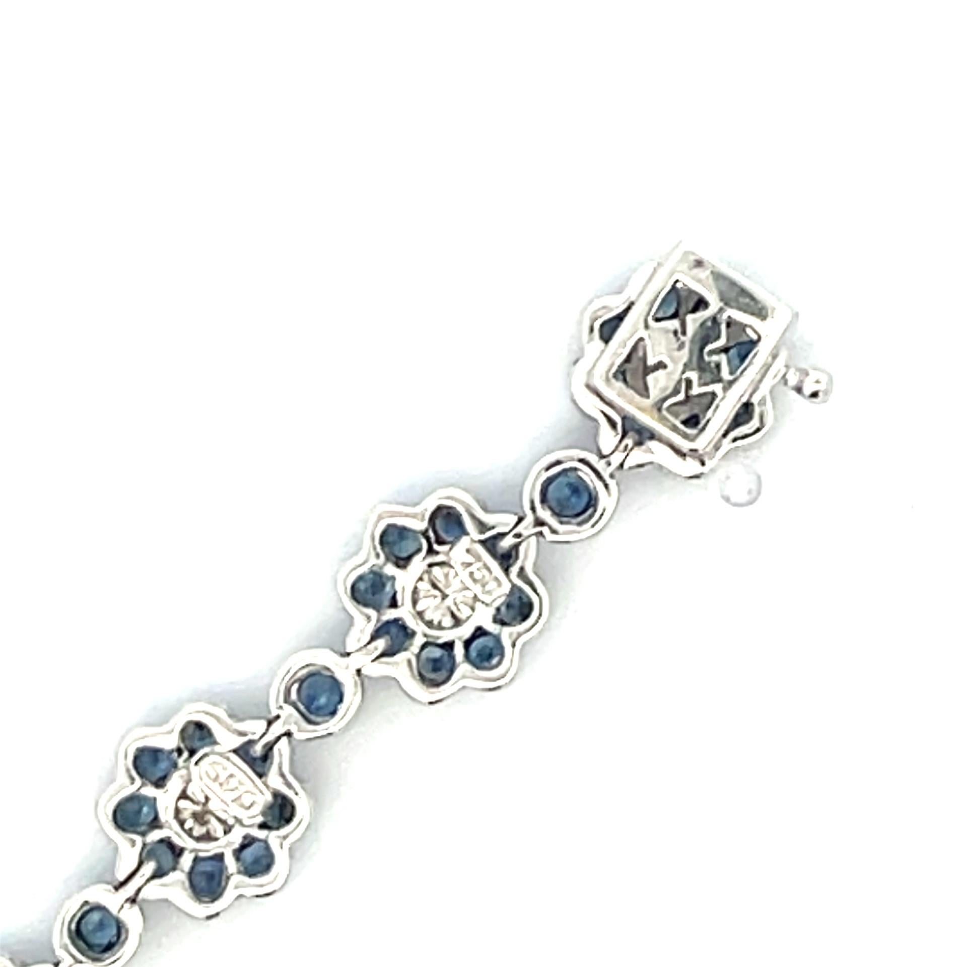 Natural Blue Sapphire & White Diamond Flower Bracelet in 18 Karat White Gold For Sale 1