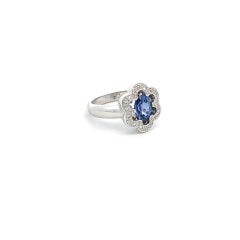 Natural Blue Sapphire & White Diamond Flower Solitaire Ring in 18Kt White Gold